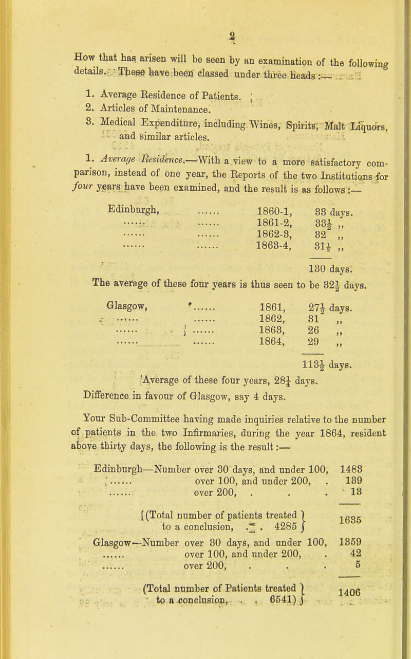 How that has. arisen will be seen by an examination of the following details.;-- TheM have been classed under three hfeads :^ 1. Average Residence of Patients. ; 2. Articles of Maintenance. 8. Medical Expenditure, including Wines, Spirits; Malt Ll^u<»s, '-•i - and similar articles. 1. Average Emdejjce.—With a.view to a more satisfactory com- parison, instead of one year, the Reports of the two Institutiojis for four y«ars have been examined, and the result is as follows :— Edinburgh, 1860-1, 33 days. •-.h: 1861-2, 33A „ 1862-3, 32 „ 1863-4, 3H M 130 days. The average of these four years is thus seen to be 32J days. Glasgow, * 1861, 27i days. 1862, 31 „ -1 1863, 26 „ 1864, 29 „ 118|- days. [A,verage of these four years, 28J days. Difference in favour of Glasgow, say 4 days. Your Sub-Committee having made inquiries relative to the number of patients in the two Infirmaries, during the year 1864, resident above thirty days, the following is the result:— Edinburgh—Number over 30 days, and under 100, 1488 ; over 100, and under 200, . 139 ...... over 200, . . .18 {(Total number of patients treated \ jggg to a conclusion, . 4285 J Glasgow—Number over 80 days, and under 100, 1359 over 100, and under 200, . 42 over 200, . . .5 . (Total number of Patients treated 1 \AQQ ^ • to a conclusion, . . 6541) J