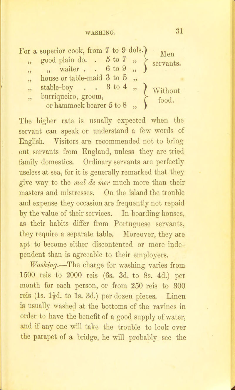 WASHING. For a superior cook, from 7 to 9 dols. „ good plain do. . 5 to 7 „ „ „ waiter . . 6 to 9 „ „ house or table-maid 3 to 5 „ „ stable-boy . . 3 to 4 „ „ burriqueiro, groom, or hammock bearer 5 to 8 „ The higher rate is usually expected when the servant can speak or understand a few words of English. Visitors are recommended not to bring out servants from England, unless they are tried family domestics. Ordinary servants are perfectly useless at sea, for it is generally remarked that they give way to the mal de mer much more than their masters and mistresses. On the island the trouble and expense they occasion are frequently not repaid by the value of their services. In boarding houses, as their habits differ from Portuguese servants, they require a separate table. Moreover, they are apt to become either discontented or more inde- pendent than is agreeable to their employers. Washing.—The charge for washing varies from 1500 reis to 2000 reis (6s. 3d. to 8s. 4d.) per month for each person, or from 250 reis to 300 reis (Is. l^d. to Is. 3d.) per dozen pieces. Linen is usually washed at the bottoms of the ravines in order to have the benefit of a good supply of water, and if any one will take the trouble to look over the parapet of a bridge, he will probably see the Men servants. Without food.