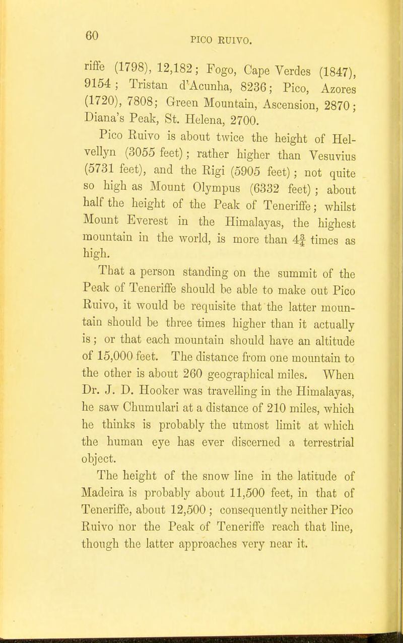 PICO EUIVO. riflfe (1798), 12,182; Fogo, Cape Verdes (1847), 9154; Tristan d'Acunha, 8236; Pico, Azores (1720), 7808; Green Mountain, Ascension, 2870; Diana's Peak, St. Helena, 2700. Pico Ruivo is about twice the height of Hel- vellyn (3055 feet); rather higher than Vesuvius (5731 feet), and the Rigi (5905 feet); not quite so high as Mount Olympus (6332 feet); about half the height of the Peak of Teneriffe; whilst Mount Everest in the Himalayas, the highest mountain in the world, is more than 4f times as high. That a person standing on the summit of the Peak of Teneriffe should be able to make out Pico Ruivo, it would be requisite that the latter moun- tain should be three times higher than it actually is; or that each mountain sliould have an altitude of 15,000 feet. The distance from one mountain to the other is about 260 geographical miles. When Dr. J. D. Hooker was travelling in the Himalayas, he saw Chumulari at a distance of 210 miles, which he thinks is probably the utmost limit at which the human eye has ever discerned a terrestrial object. The height of the snow line in the latitude of Madeira is probably about 11,500 feet, in that of Teneriffe, about 12,500 ; consequently neither Pico Ruivo nor the Peak of Teneriffe reach that line, though the latter approaches very near it.