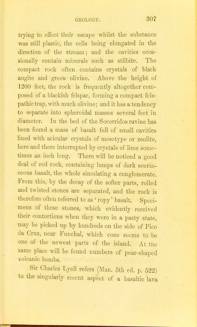 trying to effect their escape whilst the substance was still plastic, the cells being elongated in the direction of the stream; and the cavities occa- sionally contain minerals such as stilbite. The compact rock often. contains crystals of black augite and green olivine. Above the height of 1200 feet, the rock is frequently altogether com- posed of a blackish felspar, forming a compact fels- pathictrap, with much olivine; and it has a tendency to separate into spheroidal masses several feet in diameter. In the bed of the Socorridos ravine has been found a mass of basalt full of small cavities lined with acicular crystals of mesotype or zeolite, here and there interrupted by crystals of lime some- times an inch long. There will be noticed a good deal of red rock, containing lumps of dark scoria- ceous basalt, the whole simulating a conglomerate. From this, by the decay of the softer parts, rolled and twisted stones are separated, and the rock is therefore often referred to as ' ropy' basalt. Speci- mens of these stones, which evidently received their contortions when they were in a pasty state, may be picked up by hundreds on the side of Pico da Cruz, near Funchal, which cone seems to be one of the newest parts of the island. At the same place will be found numbers of pear-shaped volcanic bombs. Sir Charles Lyell refers {Man. 5th ed. p. 522) to the singularly recent aspect of a basaltic lava