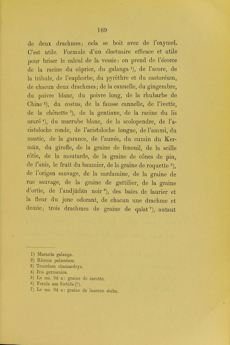 de deux drachmes; cela se boit avec de I'oxymel. C'est utile. Pormule d'un electuaire eiScace et utile pour briser le calcul de la vessie: on prend de I'ecorce de la racine du caprier, du galanga de I'acore, de la tribule, de I'euphorbe, du pyrethre et du castoreum, de chacun deux drachmes; de la cannelle, du gingembre, du poivre blanc, du poivre long, de la rhubarbe de Chine du costus, de la fausse cannelle, de I'ivette, de la chenette de la gentiane, de la racine du lis azuredu marrube blanc, de la scolopendre, de I'a- ristoloche ronde, de I'aristoloche longue, de I'amrai, du mastic, de la garance, de I'aunee, du cumin du Ker- man, du girofle, de la graine de fenouil, de la scille rotie, de la moutarde, de la graine de cones de pin, de I'anis, le fruit du baumier, de la graine de roquette de I'origan sauvage, de la cardamine, de la graine de rue sauvage, de la graine de gattilier, de la graine d'ortie, de randjudiin noir ^), des baies de laurier et la fleur du jonc odorant, de chacun une drachme et demie; trois drachmes de graine de qalat ^), autant 1) Maranta galanga. 2) Rheum palmatum. 3) Teucrium chamacdrys. 4) Iris germanica. 5) Le ms. 94 a: graine de carotte. 6) Ferula asa foetida (?). 7) Le ms. 94 a: graine de luzerne seche.