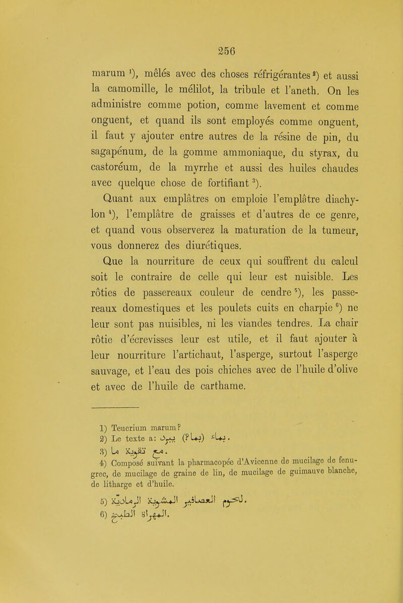 marura »), meles avec des choses refrigeranteset aussi la camomille, le melilot, la tribule et I'aneth. On les administre comme potion, comme lavement et comme onguent, et quand ils sont employes comme onguent, il faiit y ajouter entre autres de la resine de pin, du sagapenum, de la gomme ammoniaque, du styrax, du castoreum, de la myrrhe et aussi des huiles chaudes avec quelque chose de fortifiant ^). Quant aux emplatres on emploie I'emplatre diachy- lon *), I'emplatre de graisses et d'autres de ce genre, et quand vous observerez la maturation de la tumeur, vous donnerez des diuretiques. Que la nourriture de ceux qui souffrent du calcul soit le contraire de celle qui leur est nuisible. Les roties de passereaux couleur de cendre les passe- reaux domestiques et les poulets cuits en charpiene leur sont pas nuisibles, ni les viandes tendres. La chair rotie d'ecrevisses leur est utile, et il faut ajouter a leur nourriture I'artichaut, I'asperge, surtout I'asperge sauvage, et I'eau des pois chiches avec de I'huile d'olive et avec de I'huile de carthame. 1) Teucrium marum? 2) Le texte a: ^Uj . 3) L< X-J^iij ^'«- 4) Composd suirant la pliarmacopee d'Avicenne de mucilage de fenu- grec, de mucilage de graine de lin, de mucilage de guimauve blanche, do litharge et d'huile. 5) KjpU^il iCj^^JI ^>Im3.x}\ (•yS^' 6) gw^bJi s(^^J!.