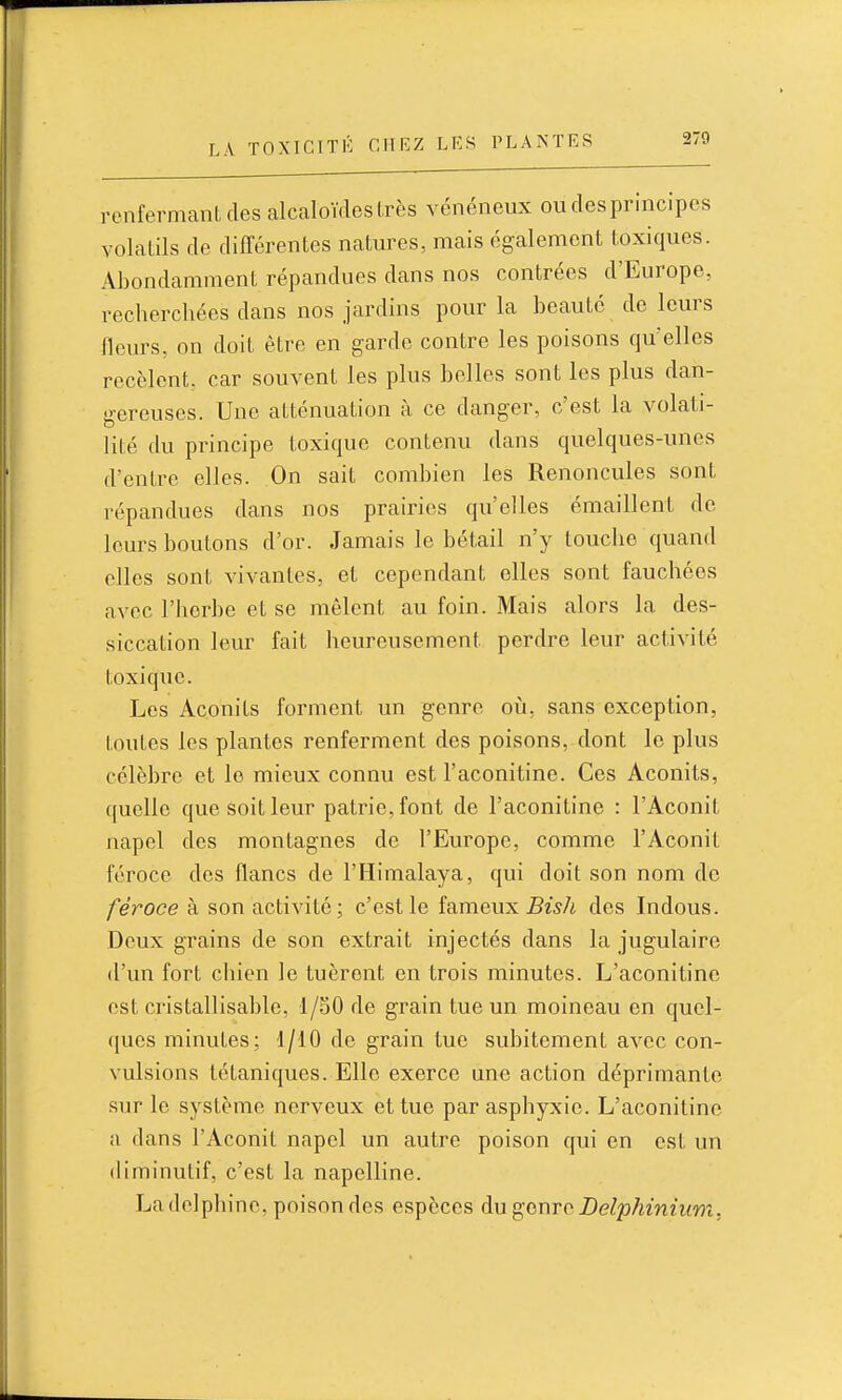 renfermant des alcaloïdes très vénéneux ou des principes volatils de différentes natures, mais également toxiques. Abondamment répandues dans nos contrées d'Europe, recherchées dans nos jardins pour la beauté de leurs fleurs, on doit être en garde contre les poisons qu'elles recèlent, car souvent les plus belles sont les plus dan- gereuses. Une atténuation à ce danger, c'est la volati- lité du principe toxique contenu dans quelques-unes d'entre elles. On sait combien les Renoncules sont répandues dans nos prairies qu'elles émaillent de leurs boutons d'or. Jamais le bétail n'y touche quand elles sont vivantes, et cependant elles sont fauchées avec l'herbe et se mêlent au foin. Mais alors la des- siccation leur fait heureusement perdre leur activité toxique. Les Aconits forment un genre où, sans exception, toutes les plantes renferment des poisons, dont le plus célèbre et le mieux connu est l'aconitine. Ces Aconits, quelle que soit leur patrie, font de l'aconitine : l'Aconit napel des montagnes de l'Europe, comme l'Aconit féroce des flancs de l'Himalaya, qui doit son nom de féroce à son activité; c'est le fameux 5wA des Indous. Deux grains de son extrait injectés dans la jugulaire d'un fort chien le tuèrent en trois minutes. L'aconitine est cristallisable, 1/50 de grain tue un moineau en quel- ques minutes; 1/10 de grain tue subitement avec con- vulsions tétaniques. Elle exerce une action déprimante sur le système nerveux et tue par asphyxie. L'aconitine a dans l'Aconit napel un autre poison qui en est un diminutif, c'est la napelline. Ladelphine, poison des espèces du ^mvo Belphinium,