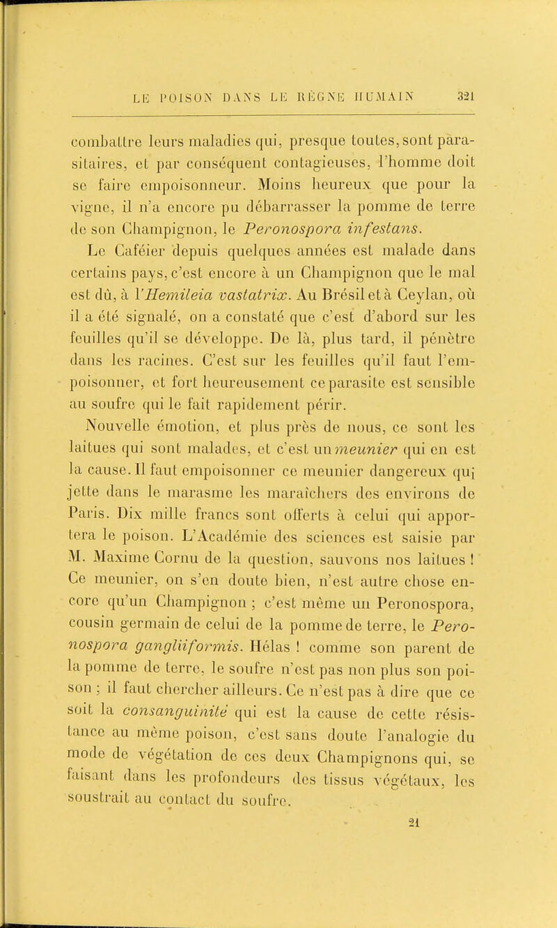 combalire leurs maladies qui, presque toutes, sont para- sitaires, et par conséquent contagieuses, l'homme doit se faire empoisonneur. Moins heureux que pour la vigne, il n'a encore pu débarrasser la pomme de terre de son Champignon, le Peronospora infestans. Le Caféier depuis quelques années est malade dans certains pays, c'est encore à un Champignon que le mal est dû, à VHemileia vastatrix. Au Brésil et à Ceylan, où il a été signalé, on a constaté que c'est d'abord sur les feuilles qu'il se développe. De là, plus tard, il pénètre dans les racines. C'est sur les fouilles qu'il faut l'em- poisonner, et fort heureusement ce parasite est sensible au soufre qui le fait rapidement périr. Nouvelle émotion, et plus près de nous, ce sont les laitues qui sont malades, et c'est nnmeunier qui en est la cause. Il faut empoisonner ce meunier dangereux qui jette dans le marasme les maraîchers des environs de Paris. Dix mille francs sont offerts à celui qui appor- tera le poison. L'Académie des sciences est saisie par M. Maxime Cornu de la question, sauvons nos laitues ! Ce meunier, on s'en doute bien, n'est autre chose en- core qu'un Champignon ; c'est même un Peronospora, cousin germain de celui de la pomme de terre, le Pero- nospora gangliiformis. Hélas ! comme son parent de la pomme de terre, le soufre n'est pas non plus son poi- son ; il faut chercher ailleurs. Ce n'est pas à dire que ce soit la consanguinité qui est la cause de cette résis- tance au même poison, c'est sans doute l'analogie du mode de végétation de ces deux Champignons qui, se faisant dans les profondeurs des tissus végétaux, les soustrait au contact du soufre.