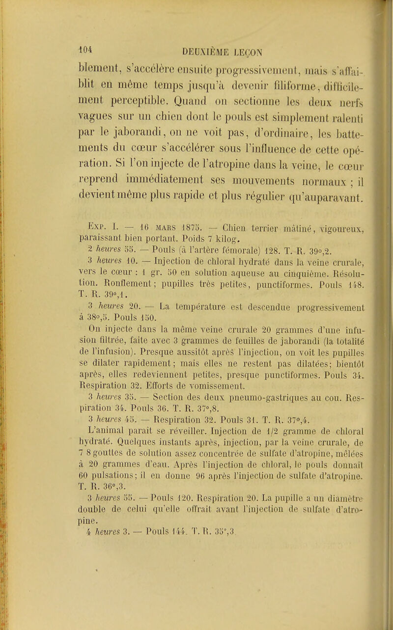 blement, s'accélère ensuite progressivement, mais s'affai- blit en même temps jusqu'à devenir filiforme, difticile- ment perceptible. Quand on sectionne les deux nerfs vagues sur un chien dont le pouls est simplement ralenti par le jaborandi, on ne voit pas, d'ordinaire, les batte- ments du cœur s'accélérer sous l'influence de cette opé- ration. Si l'on injecte de l'atropine dans la veine, le cœur reprend immédiatement ses mouvements normaux ; il devient même plus rapide et plus régulier qu'auparavant. Exp. 1.-16 MARS 1873. — Chien terrier mâliné, vigoureux, paraissant bien portant. Poids 7 kilog. 2 heures 55. — Pouls (à l'artère fémorale) 128. T. R. 39o,2. 3 heures 10. — Injection de cliloral hydraté dans la veine crurale, vers le cœur : 1 gr. 30 en solution aqueuse au cinquième. Résolu- tion. Ronflement; pupilles très petites, punctiformes. Pouls 148. T. R. 390,1. 3 heures 20. — La température est descendue progressivement à 38o,5. Pouls 150. On injecte dans la même veine crurale 20 grammes d'une infu- sion filtrée, faite avec 3 grammes de feuilles de jaborandi (la totalité de l'infusion). Presque aussitôt après l'injection, on voit les pupilles se dilater rapidement; mais elles ne restent pas dilatées; bientôt après, elles redeviennent petites, presque punctiformes. Pouls 3i. Respiration 32. Efforts de vomissement. 3 heures 35. — Section des deux pneumo-gastriques au cou. Res- piration 34. Pouls 36. T. R. 370,8. 3 heures 45. — Respiration 32. Pouls 31. T. R. 37o,4. L'animal parait se réveiller. Injection de 1/2 gramme de chloral hydraté. Quelques instants après, injection, par la veine crurale, de 7 8 gouttes de solution assez concentrée de sulfate d'atropine, mêlées à 20 grammes d'eau. Après l'injection de chloral, le pouls donnait 60 pulsations; il en donne 96 après l'injection de sulfate d'atropine. T. R. 36«,3. 3 heures 55. — Pouls 120. Respiration 20. La pupille a un diamètre double de celui qu'elle offrait avant l'injection de sulfate d'atro- pine. 4 heures 3. — Pouls 144. T. R. 35°,3,