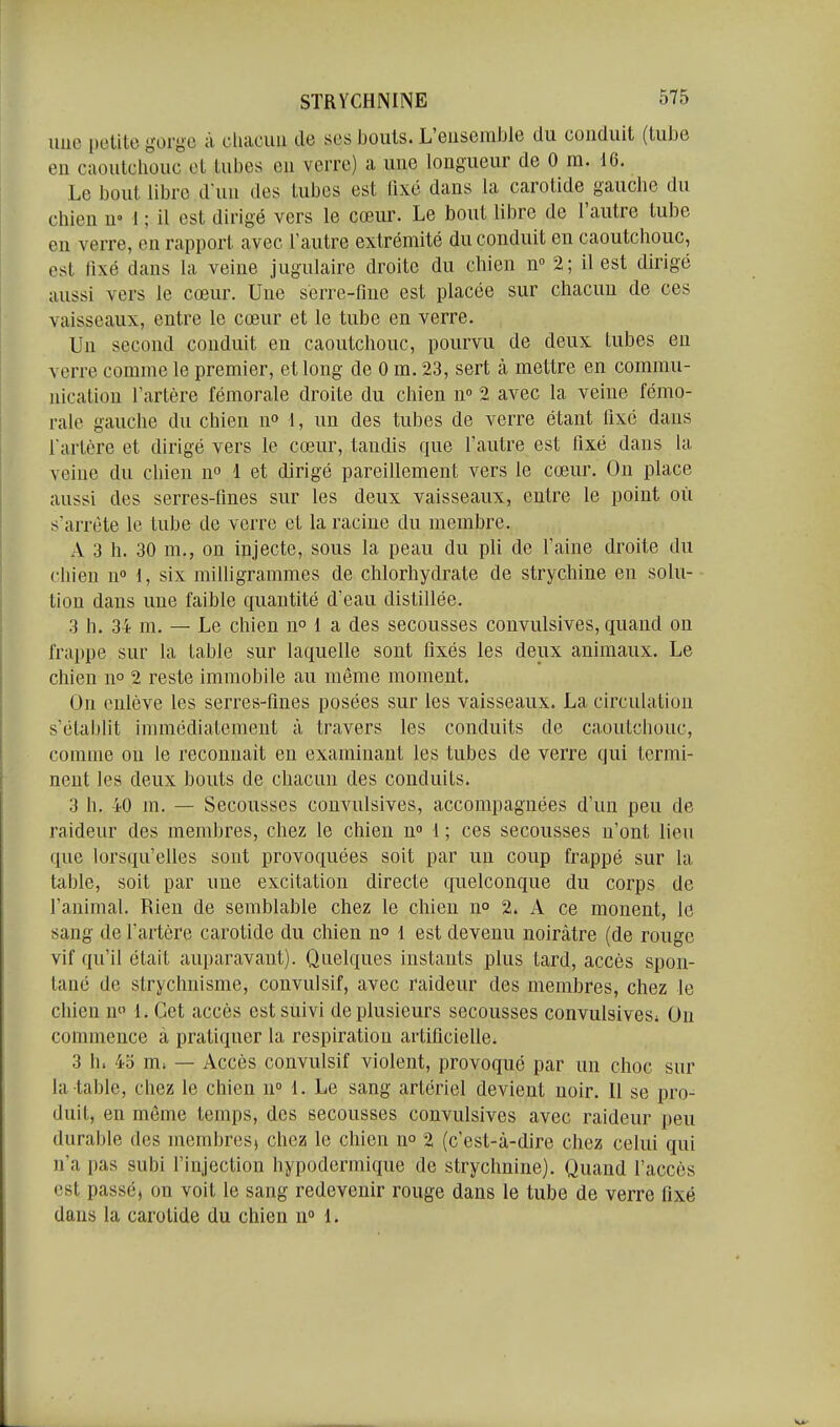 une iietite gorge à chacun de ses bouts. L'ensemble du conduit (tube en caoutchouc et tubes en verre) a une longueur de 0 m. 16. Le bout libre d'un des tubes est lixc dans la carotide gauche du chien u° \ ; il est dirigé vers le cœur. Le bout libre de l'autre tube en verre, en rapport avec l'autre extrémité du conduit en caoutchouc, est fixé dans la veine jugulaire droite du chien n» 2 ; il est dirigé aussi vers le cœur. Une sérre-fnie est placée sur chacun de ces vaisseaux, entre le cœur et le tube en verre. Un second conduit en caoutchouc, pourvu de deux tubes en verre comme le premier, et long de 0 m. 23, sert à mettre en commu- nication l'artère fémorale droite du chien n» 2 avec la veine fémo- rale gauche du chien n» 1, un des tubes de verre étant fixé dans l'artère et dirigé vers le cœur, tandis que l'autre est fixé dans la veine du chien n 1 et dirigé pareillement vers le cœur. On place aussi des serres-fmes sur les deux vaisseaux, entre le point où s'arrête le tube de verre et la racine du membre. A 3 h. 30 m., on injecte, sous la peau du pli de l'aine droite du chien u 1, six milligrammes de chlorhydrate de strychine en solu- tion dans une faible quantité d'eau distillée. 3 h. 34 m. — Le chien 11° 1 a des secousses convulsives, quand on frappe sur la table sur laquelle sont fixés les deux animaux. Le chien 11° 2 reste immobile au même moment. On enlève les serres-fmes posées sur les vaisseaux. La circulation s'établit immédiatement à travers les conduits de caoutchouc, comme on le reconnaît en examinant les tubes de verre qui termi- nent les deux bouts de chacun des conduits. 3 h. 40 m. — Secousses convulsives, accompagnées d'un peu de raideur des membres, chez le chien n» 1 ; ces secousses n'ont lieu que lorsqu'elles sont provoquées soit par un coup frappé sur la table, soit par une excitation directe quelconque du corps de l'animal. Rien de semblable chez le chien 11° 2. A ce monent, le sang de l'artère carotide du chien n 1 est devenu noirâtre (de rouge vif qu'il était auparavant). Quelques instants plus tard, accès spon- tané de strychnisme, convulsif, avec raideur des membres, chez le chien n 1. Cet accès est suivi de plusieurs secousses convulsives^ On commence a pratiquer la respiration artificielle. 3 h. 45 m-, — Accès convulsif violent, provoqué par un choc sur la table, chez le chien n» 1. Le sang artériel devient noir. Il se pro- duit, en même temps, des secousses convulsives avec raideur peu durable des membres, chez le chien n° 2 (c'est-à-dire chez celui qui n'a pas subi l'injection hypodermique de strychnine). Quand l'accès est passé, on voit le sang redevenir rouge dans le tube de verre fixé dans la carotide du chien n 1.