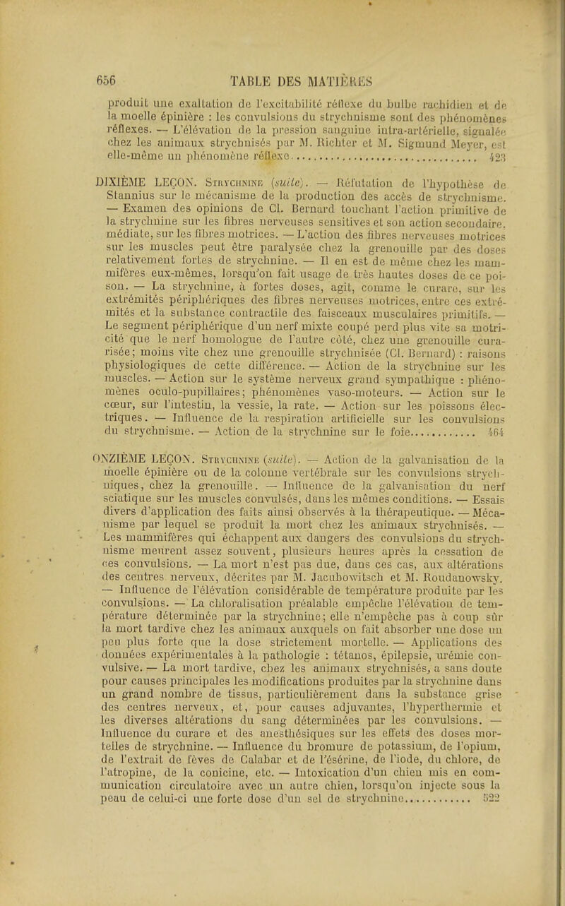 produit ime cxalLaLion àa l'excitabilité rétlcxe du IjulLc radiidieii al de la moelle épiuiôre : les convulsions du strychnisuie sout des phénomènes réflexes. — L'élévation de la pression sanguine iutra-arlérielle, signalée chez les animaux strychnisés par M. Richtcr et M. Sigmund ileyer, est elle-même un phénomène réflexe ,,.. i2?, DIXIÈME LEÇON. Stiiycunine (mile). — Réfutation de l'hypothèse de Stannius sm* le mécanisme de la production des accès de strychnisme. — Examen des opinions de Cl. Bernard touchant l'actiou primitive de la strychnine sm> les fibres nerveuses sensitives et son action secondaire, médiate, sur les Dbres motrices. — L'actiou des fibres nerveuses motrices sur les muscles peut être paralysée chez la grenouille par des doses relativement fortes de strychnine. — Il en est de même chez les mam- mifères eux-mêmes, lorsqu'on fait usage de très hautes doses de ce poi- son. — La strychnine, à fortes doses, agit, comme le curare, sur les extrémités périphériques des fibres nerveuses motrices, entre ces extré- mités et la substance contractile des faisceaux musculaires primitifs. — Le segment périphérique d'un nerf mixte coupé perd plus vite sa motri- cité que le nerf homologue de l'autre côté, chez une grenouille cura- risée; moins vite chez une grenouille strychnisée (Cl. Bernard) : raisons physiologiques de cette différence. — Action de la strychnine sur les muscles. — Action sur le système nerveux grand sympathique : phéno- mènes oculo-pupillaires ; phénomènes vaso-moteurs. — Action sur le cœur, sur l'intestin, la vessie, la rate. — Action sur les poissons élec- triques. — Influence de la respiration artificielle sur les convulsions du strychnisme. — Action de la strychnine sur le foie ^64 ONZIÈME LEÇON. Strycunine («fzïe). — Action de la galvanisation de l;i moelle épinière ou de la colonne vertébrale sur les convulsions strycli- niques, chez la grenouille. — Influence de la galvanisation du nerf sciatique sur les muscles convulsés, dans les mêmes conditions. — Essais divers d'application des faits ainsi observés à la thérapeutique. — Méca- nisme par lequel se produit la mort chez les animaux strychnisés. — Les mammifères qui échappent aux dangers des convulsions du strych- nisme meurent assez souvent, plusieui's heures après la cessation de ces convulsions. — La mort n'est pas due, dans ces cas, aux altérations des centres nerveux, décrites par M. JaculDOwitsch et M. Roudauowsky. — Influence de l'élévation considérable de température produite par les convulsions. — La chloralisatiou préalable empêche l'élévation de tem- pérature déterminée par la strychnine; elle n'empêche pas à coup sur la mort tardive chez les animaux auxquels on fait absorber une dose un peu plus forte que la dose strictement mortelle. — Applications des données expérimentales à la pathologie : tétanos, épilepsie, urémie con- vulsive. — La mort tardive, chez les animaux strychnisés, a sans doute pour causes principales les modifications produites par la strj'chuine dans un grand nombre de tissus, particulièrement dans la substance grise des centres nerveux, et, pour causes adjuvantes, l'hyperthermie et les diverses altérations du sang déterminées par les convulsions. — Influence du curare et des anesthésiques sur les efl'ets des doses mor- telles de strychnine. — Influence du bromure de potassium, de l'opium, de l'extrait de fèves de Calabar et de l'ésérine, de l'iode, du chlore, de l'atropine, de la conicine, etc. — Intoxication d'un chien mis en com- munication circulatoire avec un autre chien, lorsqu'on injecte sous la peau de celui-ci une forte dose d'un sel de strychnine fiSi*