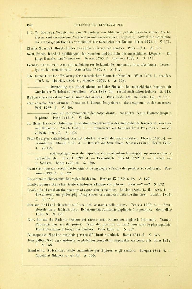 J. C. W. Möliscn Verzeichniss einer Samniluiig von Bildnissen grösstentheils berühmter Aerzte, diesem sind verschiedene Nachrieiiten und Anmerkungen vorgesetzt, sowohl zur Geschichte der Arzeneygelahrtheit als vornelimhch zur Geschichte der Künste. Berhn 1771. 4. S. 171. Charles Monnet (Monet) Stüdes d'anatomie k l'usage des peintres. Paris —? 4. S. 171. Gotll. Friedr. Riedel Ahbddungen der Knochen imd Muskeln des menschlichen Körpers — für junge Künstler und Wundarzte. Dessau 1783. f., Augsburg 1826. f. S. 171. Cornelis Ploos van Amstel aanleiding tot de kennis der anatomie, in te tekenkunst, betrek- lyk tot het menschbeeld. Amsterdam 1783. 8. S. 142. Joh. Martin Fischer Erklärung der anatomischen Statue für Künstler. Wien 1785. 8., ebendas. 179?. 8., ebendas. 1806. 8., ebendas. 1838. 8. S. 148. — Darstellung des Knochenbaues und der Muskeln des menschlichen Körpers mit Angabe der Verhältnisse desselben. Wien 1838. fol. (Wohl auch schon früher.) S. 148. Bottmann cours d'anatomie ä l'usage des artistes. Paris 1788. 12.; ib. 1796. 12. S. 171. Jean Josephe Sue Klemens d'anatomie k l'usage des peintres, des sculpteurs et des amaleurs. Paris 1788. 4. 5. 150. essai sur la physiognomie des corps vivants, considöröe depuis Thomme jusqu i la plante. Paris 1797. 8. S. 150. Jo. lleinr. Lavater Anleitung zur anatomischenKenntniss des menschlichen Körpers für Zeichner und Bildhauer. Zürich 1790. 8. — Französisch von Gautliier de la Peyronie. Zürich et Basle 1797. 8. S. 142. Peter Camper verhandehng over bct naturlyk verschil der wezenstrekken. Utrecht 1791. 4. — Französisch: Utrecht 1791. 4. — Deutsch von Sam. Tbom. Sömmerring. Berlin 1792. 4. S. 119. redevoeringen over de wijze om de verscheidene bartstogten op onze wezens te verbeeiden etc. Utrecht 1792. 4. — Französisch: Utrecht 1792. 4. — Deutsch von G. Scbaz. Berlin 1793. 4. S. 120. Gamelin nouveau receuil d'osteologie et de myologie ä l'usage des peintres et sculpteurs. Tou- louse 1799. f. S. 172. Bosio traitö (51ementaire des rßgles du dessin. Paris an IX (1801). 12. S. 172. Charles Etienne Gauch er traitö d'anatomie k l'usage des artistes. Paris —? —? S. 172. Charles Bell essai on the anatomy of expression in painting. London 1805. 4., ib. 1824. 4. — The anatomy and philosopby of expression as connected wilh the fine arts. London 1844. 8. S. 172. Floriano Caldaui rillessioni suU' uso dell' auatomia nella pitlura. Venezia 1808.4. — Fran- zösisch von G. Kühnholtz: Rcllexious sur l'anatomie aj)pliquee k la peinture. Mont))ellier 1845. 8. S. 155. Giov. BaLtista de Rubels traltato dei rilratli ossia trattalo per cogher le fisionomie. Trattalo d'analomia per uso dei piltori. Traitö des portraits ou traile pour saisir la physiognomie. Traile d'anatomie k l'usage des peintres. Paris 1809. 4. 5. 157. Giuseppe dei Medico anatomia per uso de' piltori e scultori. Roma 1811. f. S. 157. Jean Galbert Sa 1 vage anatomie du gladiateur combatlant, apphcable aux beaux arts. Paris 1812. f. S. 158. Giambattista Sabattini tavole analomiche per b pittori e gb scultori. Bologna 1814. 4.— jVbgekürzt Milano s. a. qu. fol. S. 160.
