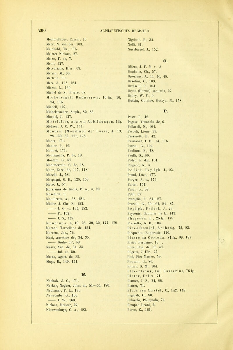 Mediovillanus, Caesar, 70. Meer, N. van der, 103. Meinhüld, Th., 175. Meister Niclaus, 27. Melzo, F. da, 7. Mcnil, 127. Mcrcurialis, Hier., 69. Merian, M., 80. Mertrud, III. Merz, J., 148, 184. Miazzi, L., 130. Michel de St. Pierre, 68. Michelangelo Buonarroti, 10 fg., 16, 74, 176. Michell, 127. Michelspacher, Stcpli., 82, 83. Mitchel, J., 127. M i 11 e 1 a 11 e r, a n a t o m. A b b i 1 d u n g e n, 1 fg. Möhsen, J. C. W., 171. Mondini (Mondino) de' Luzzi, 4, 19, 28—30, 32, 177, 178. Monet, 171. Monier, P., 16. Monnct, 171. Montagnana, P. de, 19. Montani, G., 57. Monteferrato, G. de, 18. Moor, Karel de, 117, 118. Morelli, J., 58. Morgagni, G. B., 128, 153. Moro, J., 57. Morsianus de Imola, P. A., 4, 20. Moscbion, 1. Mouillcron, A., 58, 181. Müller, J. Chr. E., 152. J. G. V., 135, 152. F., 152. J. S., 127. Mundinus, 4, 19, 28—30, 32, 177, 178. Murano, Torcellano de, 154. Murerus, Jos., 76. Musi, Agostino de', 34, 35. Giulio de', 59. Musis, Aug. de, 34, 35. Jul. de, 59. Musto, Agost. de, 35. Muys, R., 140, 141. N. Nabholz, J. C, 171. Necker, Negker, Jobst de, 51—54, 180. Neubauer, F. L., 136. Newcombe, G., 163. J. W., 163. Niclaus, Meister, 27. Nieuwenhuys, C. A., 183. Nigrisoli, B., 34. Nolli, 61. Nussbiegel, J., 152. O. Olfers, J. F. M. v., 3 Onghena, Ch., 57. Oporinus, J., 44, 46, 48. Orsolini, C, 103. Orteschi, P., 104. Ortus (Hortus) sanitatis, 27. Ottley, W. Y., 9. Outkin, Outkine, Outkyn, N., 158. P. Paaw, P., 48. Pagave, Venanzio de, 6. Pallaroli, N., 104. Pascoli, Lione. 99. Passarotti, B., 42. Passavant, J. D., 14, 176. Patrini, G., 104. Paulinus, F., 48. Paulli, S., 80. Pedro, F. dal, 154. Peignot, G., 3. Peilick, Peyligk, J., 23. Penni, Luca, 177. Perger, A. v., 174. Perini, 154. Pesci, G., 62. Petit, 57. Petraglia, F., 84—87. Petrioli, G., 59—62, 84—87. Peyligk, Peilick, J., 23. Peyronie, Gautbier de la, 142. Phryesen, L., 25 fg., 178. Piazzetta, G. B., 104. Piccolhomini, Archang., 75, 83. Picquenot, Euphrasie, 120. Pietro da Cortona, 84 fg., 98, 182. Pietro Pcrugino, 13. , Piles, Rog. de, 56, 57. Pilgrim, J. Ulr., 25. Pini, Pier Matteo, 59. Pirovani, G., 86. Pitteri, G. M., 104. Placentinus, Jul. Casscrius, 76 fg. Plater, Feli,\, 71. Platner, J. Z., 24, 88. Platter, 71. Ploos van Amstel, C, 142, 148. Poggiali, C, 80. Polayolo, Pollajuolo, 74. Pompeo Leoni, 6. Porro, C, 161.