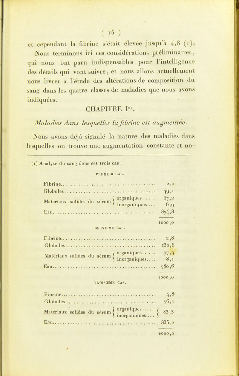 el cependant la fibrine s'était élevée jusqu'à (i). Nous terminons ici ces considérations préliminaires, qui nous ont paru indispensables pour l'intelligence des détails qui vont suivre, et nous allons actuellement nous livrer à l'étude des altérations de composition du sang dans les quatre classes de maladies que nous avons indiquées. CHAPITRE P'. Maladies dans lesquelles la fibrine est augmentée. Nous avons déjà signalé la nature des maladies dans lesquelles on trouve une augmentation constante et no- (i) Analyse du sang dans ces trois cas ; PREMIER CAS. Fibrine 2,0 Globules 49)1 organiques 67,2 inorganiques ... 6,y Eau 874,8 Matériaux solides du sérum 1000,0 DEUXIÈME CAS. Fibrine 2,8 Globules i3o ,6 ,^ , . , , ( organiques 77,0 Maleriaux solides du sérum \ . . U ( inorganiques.... 0,1 Eau 780,6 1000,0 TROISIÊUE CAS. Fibrine ^,8 Globules 76,7 Matériaux solides du sérum) S^^'^J^^^ ( 33 3 ( inorganiques.... ) Eau 835,2 1000,0 «