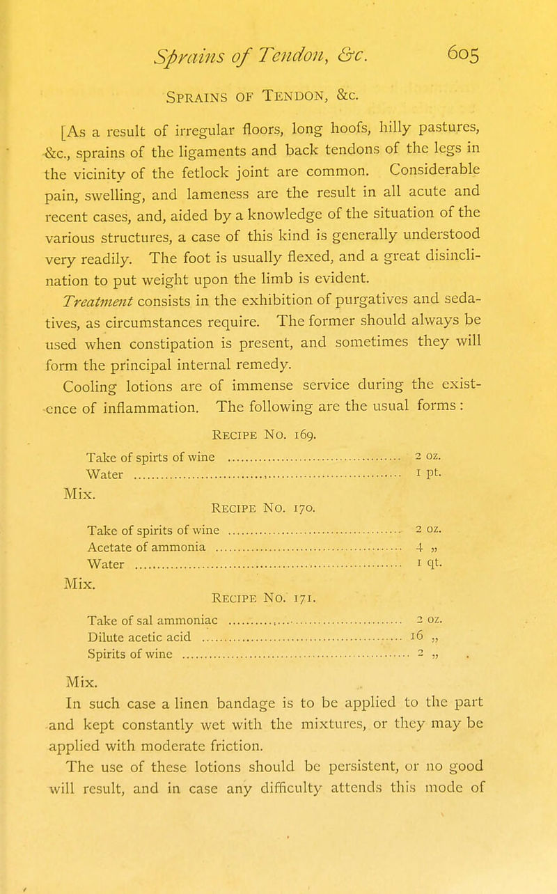 Sprains of Tendon, &c. [As a result of irregular floors, long hoofs, hilly pastures, -&C., sprains of the ligaments and back tendons of the legs in the vicinity of the fetlock joint are common. Considerable pain, swelling, and lameness are the result in all acute and recent cases, and, aided by a knowledge of the situation of the various structures, a case of this kind is generally understood very readily. The foot is usually flexed, and a great disincli- nation to put weight upon the limb is evident. Treatment consists in the exhibition of purgatives and seda- tives, as circumstances require. The former should always be used when constipation is present, and sometimes they will form the principal internal remedy. Cooling lotions are of immense service during the exist- ence of inflammation. The following are the usual forms : Recipe No. 169. Take of spirts of wine 2 oz. Water i pt. Mix. Recipe No. 170. Take of spirits of wine 2 oz. Acetate of ammonia 4 11 Water i qt. Mix. Recipe No. 171. Take of sal ammoniac 2 oz. Dilute acetic acid 16 „ Spirits of wine 2 „ Mix. In such case a linen bandage is to be applied to the part and kept constantly wet with the mixtures, or they may be applied with moderate friction. The use of these lotions should be persistent, or no good will result, and in case any difficulty attends this mode of