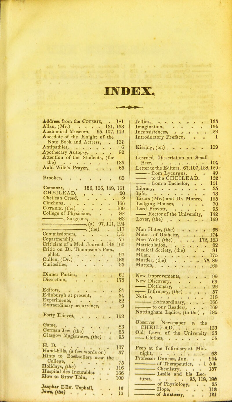 INDEX. Addresi from the COTERIE, . 181 Allan, (Mr.) .... 131, 133 Anatomical Museum, 93, 107, 142 Anecdote of the Knight of the Note Book and Actress, . 131 Antipathies, ...... 6 Apothecary Autopsy, ... 82 Attention of the Students, (for the) 135 Auld Wife's Prayer, ... 83 BrooVes, ..... 83 Camanas, . . 126, 136, 118, 161 CHEILEAD, .... 20 Cheilean Creed, .... 9 Cinchona, 166 Coterie, (the) , ... 109 College of Physicians, . . 82 : Surgeons, ... 83 • ■-—-——,(a) 97, 111, 124, : ;—- , (the) . 117 Commissioners 1^5 Copartnership, .... 77 Criticism of a Med. Journal. 146, ICO Critic on Dr. Thompson's Pani- ' phlet, 27 Cullen,(Dr.) .... ]86 Cuiiositics, 23 Dinner Parties, , , . , 61 Dissection, 175 Editors 3-1, Edinburgh at present, , , 34 Experiments, 22 Extraordinary occurrence, . 9 Forty Thieves, 152 Game, German Jew, (the) Glasgow Magistrates, (the) . 95 S' ^'..M,' • • • • . 107 Jdancl..bills, (a few words on) 37 Hints to BoAsellers near the College, . . . , , 75 Holidays, (the) . .' .* ; 116 Hospital des Incurable* . . 166 How to Grow Thin, ... 100 Jaaphw EBk. Toph&il, . . I ft ,r«ws(tl») 10 Jellies, .... . . . 165 Imagination, .... 164 Inconsistences, .... . . 22 Introductory Preface, . . 1 Kissing, (on) 139 Learned Dissertation on Small Beer • . ... 104 Letter to the Editors* 67,107,128,129 ■ —— from Lycurgus, . . 49 to the CHEILEAD. 132 - from a Bachelor, . » 151 Library, 35 Life, 43 Lizars (Mr.) and Dr. Monro, 155 Lodging Houses, .... 70 Lord Provost, 95 Rector of the University, 142 Lover, (the), 169 Man Hater, (the) .... 68 Matoes of Otaheite, . . . 174 Man Wolf, (the) . . . 172, 183 MatriculatioB, 82 Medical Society, (the) . . 81 Milan 175 Murder, (the) . ... 78, 89 Mutton, 165 New Improvements, ... 99 New Discovery, ... 69 • Dictionary, . . . .22 -T— Infirmary, (the) ... 57 Notice, 1]8 Extraordinary, . , . 166 n — to our Rcadens, . . . 169 Nottingham Lqdies, (to the) , 185 Observer Newspaper v. the CHEILEAD, , , . . 130 Old Laws of tho University 35 Clothes, 34 Peep at the Infirmary at Mid- ni(?lit, ....... 68 Professor Duncan, Jun. . . 154 —— of Therapeutics, . 154 ■ Chemistry, . . . 157 ■ Leslio and his Lec- tures, . . . . 95, 118, 190 of Physiology, . . 25 ——— Hope 119 •' ' of Anatouy, . \2i