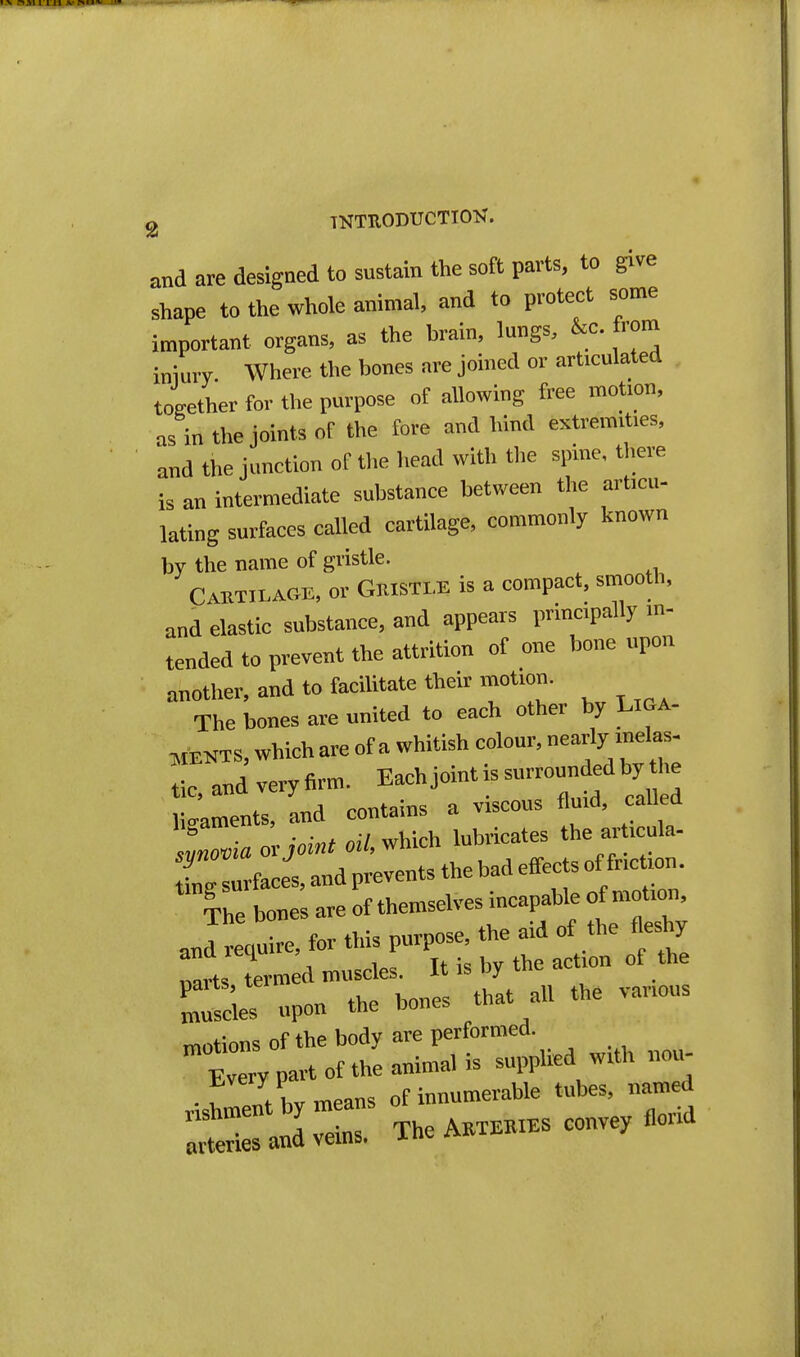 nil I 111 vn<*>« 2 INTRODUCTION. and are designed to sustain the soft parts, to give shape to the whole animal, and to protect some important organs, as the brain, lungs, &c. from iniury. Where the bones are joined or articulated together for the purpose of allowing free mof on, as in the joints of the fore and bind extremities, and the junction of the head with the spine, there is an intermediate substance between the articu- lating surfaces called cartilage, commonly known by the name of gristle. Caktilage, or Gmstle is a compact, smooth, and elastic substance, and appears principally in- tended to prevent the attrition of one bone upon another, and to facilitate their motion. The bones are united to each other by Liga- ments, which are of a whitish colour, nearly inelas- t c and very firm. Each joint is surrounded by he 'aments, and contains a viscous fluid, caUed Ito^iao. joint oiZ, which lubricates the ar icula- W surface! »d P-^^*^ *^ / .•■ The bone are of themselves incapable of motion, ani ie, for this purpose, the aid of the fleshy Tart termed muscles. It is by the action of the Sscles upon the bones that all the various motions of the body are performed. Every part of the animal is supplied with nou- ■V nVhvmeans of innumerable tubes, named nshment by means florid arteries and veins, ine t^^^^
