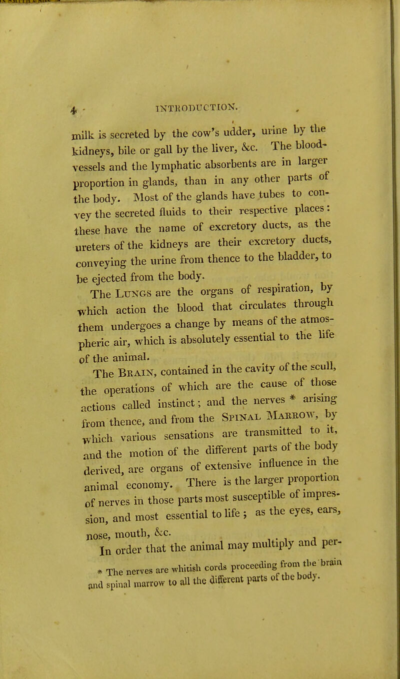 mUk is secreted by the cow*s udder, urine by the kidneys, bile or gall by the liver, &c. The blood« vessels and the lymphatic absorbents are in larger proportion in glands, than in any other parts of the body. Most of the glands have tubes to con- vey the secreted fluids to their respective places: these have the name of excretory ducts, as the ureters of the kidneys are their excretory ducts, conveying the urine from thence to the bladder, to be ejected from the body. The Lungs are the organs of respiration, by which action the blood that circulates through them undergoes a change by means of the atmos- pheric air, which is absolutely essential to the Ufe of the animal. The Br ain, contained in the cavity of the scull, the operations of which are the cause of those actions called instinct; and the nerves * arising from thence, and from the Spinal Maubow, by which various sensations are transmitted to it, nnd the motion of the different parts of the body derived, are organs of extensive influence m the animal economy. There is the larger pi-oportion of nerves in those parts most susceptible of impres- sion, and most essential to life ; as the eyes, ears, nose, mouth, kc. , . , i In order that the animal may multiply and per- * The nerves are whitish cords proceeding fronybe brain .nd -arrow to all the different parts of the body.