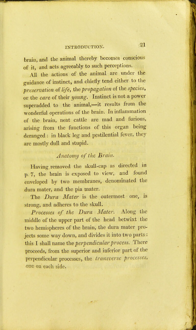 brain, and the animal thereby becomes conscious of it, and acts agreeably to such perceptions. All the actions of the animal are under the guidance of instinct, and chiefly tend either to the presermtion of life, the propagation of the species, or the care of their young. Instinct is not a power superadded to the animal,—it results from the wonderful operations of the brain. In inflammation of the brain, neat cattle are mad and furious, arising from the functions of this organ being deranged : in black leg and pestilential fever, they are mostly dull and stupid. Anatomy of the Brain. Having removed the skull-cap as directed in p. 7, the brain is exposed to view, and found enveloped by two membranes, denominated the dura mater, and the pia mater. The Dura Mater is the outermost one, is strong, and adheres to the skull. Processes of the Dura Mater. Along the middle of the upper part of the head betwixt the two hemispheres of the brain, the dura mater pro- jects some way down, and divides it into two parts: this I shall name the perpendicular process. There proceeds, from the superior and inferior part of the perpendicular processes, the transverse processes, one on each side.