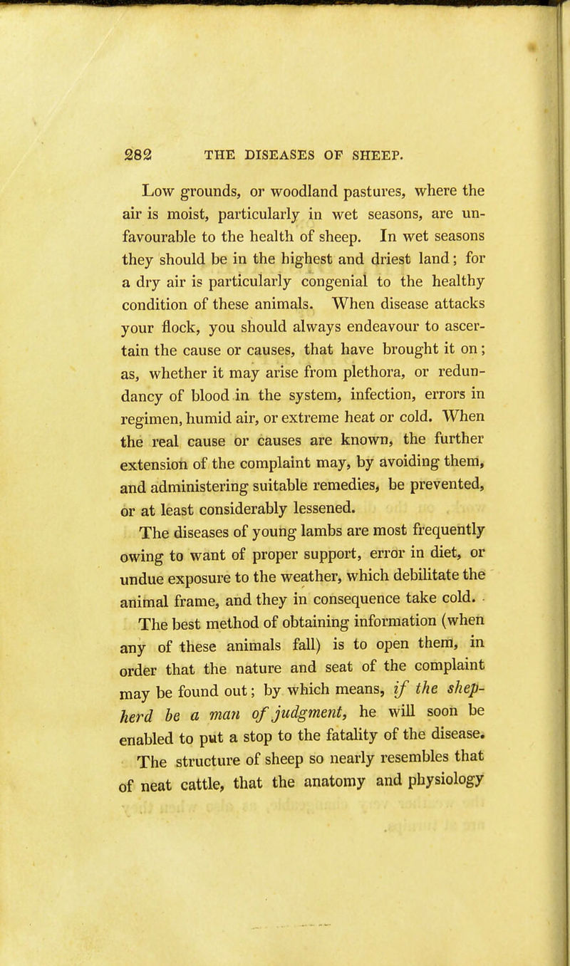 Low grounds, or woodland pastures, where the air is moist, particularly in wet seasons, are un- favourable to the health of sheep. In wet seasons they should be in the highest and driest land; for a dry air is particularly congenial to the healthy condition of these animals. When disease attacks your flock, you should always endeavour to ascer- tain the cause or causes, that have brought it on; as, whether it may arise from plethora, or redun- dancy of blood in the system, infection, errors in regimen, humid air, or extreme heat or cold. When the real cause or causes are known, the further extension of the complaint may, by avoiding them, and administering suitable remedies, be prevented, or at least considerably lessened. The diseases of young lambs are most frequently owing to want of proper support, error in diet, or undue exposure to the weather, which debilitate the animal frame, and they in consequence take cold. The best method of obtaining information (when any of these animals fall) is to open them, in order that the nature and seat of the complaint may be found out; by which means, if the shep- herd he a man of judgment, he will soon be enabled to put a stop to the fatality of the disease. The structure of sheep so nearly resembles that of neat cattle, that the anatomy and physiology