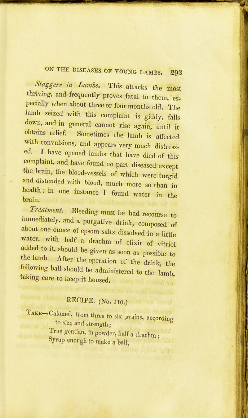 Staggers in Lambs, This attacks the most thriving, and frequently proves fatal to them, es- pecially when about three or four months old. The lamb seized with this complaint is giddy, falls down, and in general cannot rise again, until it obtains relief. Sometimes the lamb is affected with convulsions, and appears very much distress- ed. I have opened lambs that have died of this complaint, and have found no part diseased except the bram, the blood-vessels of which were turgid and distended with blood, much more so than in health; in one instance I found water in the brain. . '^''^nt. Bleeding must be had recourse to .mmed.ately, and a purgative drink, composed of about one ounce of epsom salts dissolved in a little water, with half a drachm of elixir of vitriol added to >t. should be given as soon as possible to the lamb. After the operation of the drink, the followmg ball should be administered to the lamb takmg care to keep it housed. RECIPE. (No.no.) TAW-Calomel, from three to si,. g,-ai„s, according to size and strength; True gentian, in powcfer, hf^If a drachm, b^rwp enough to w^ke « ball,