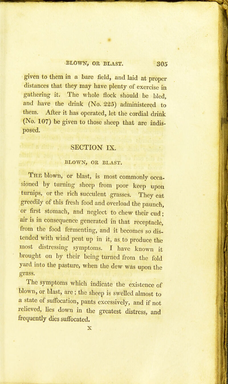 given to them in a bare field, and laid at proper distances that they may have plenty of exercise in gathering it. The whole flock should be bled, and have the drink (No. 225) administered to them. After it has operated, let the cordial drink (No. 107) be given to those sheep that are indis- posed. SECTION IX. BLOWN, OE BLAST. The blown, or blast, is most commonly occa- sioned by turning sheep from poor keep upon turnips, or the rich succulent grasses. They eat greedily of this fresh food and overload the paunch, or first stomach, and neglect to chew their cud ; air is in consequence generated in that receptacle, from the food fermenting, and it becomes so dis- tended with wind pent up in it, as, to produce the most distressing symptoms. I have known it brought on by their being turned from the fold yard into the pasture, when the dew was upon the grass. The symptoms which indicate the existence of blown, or blast, are; the sheep is swelled almost to a state of suffocation, pants excessively, and if not relieved, lies down in the greatest distress, and frequently dies suffocated. X