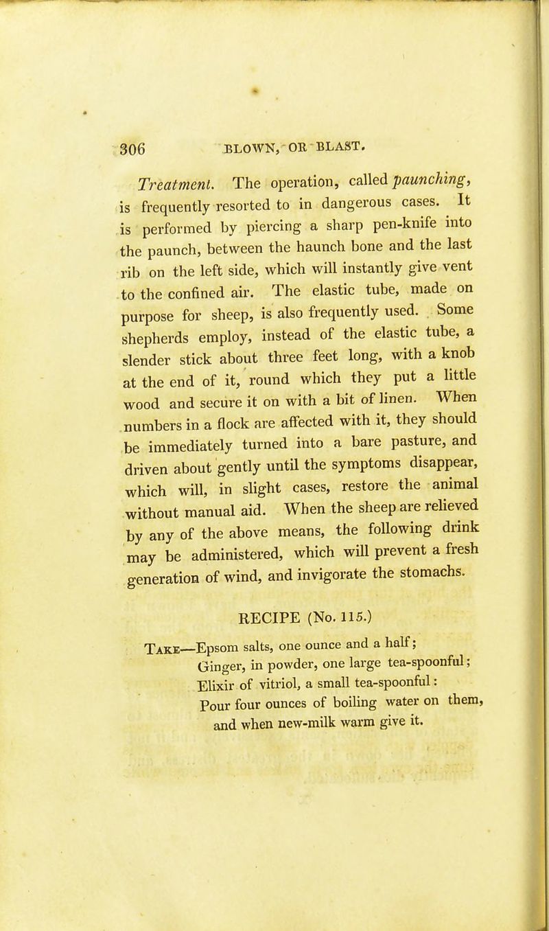 Treatment. The operation, caWed paunching, is frequently resorted to in dangerous cases. It is performed by piercing a sharp pen-knife into the paunch, between the haunch bone and the last rib on the left side, which will instantly give vent to the confined air. The elastic tube, made on purpose for sheep, is also frequently used. Some shepherds employ, instead of the elastic tube, a slender stick about three feet long, with a knob at the end of it, round which they put a little wood and secure it on with a bit of linen. When numbers in a flock are affected with it, they should be immediately turned into a bare pasture, and driven about gently untU the symptoms disappear, which will, in slight cases, restore the animal without manual aid. When the sheep are relieved by any of the above means, the following drink may be administered, which will prevent a fresh generation of wind, and invigorate the stomachs. RECIPE (No. 115.) Take—Epsom salts, one ounce and a half; Ginger, in powder, one large tea-spoonful; Elixir of vitriol, a small tea-spoonful: Pour four ounces of boiling water on them, and when new-milk warm give it.