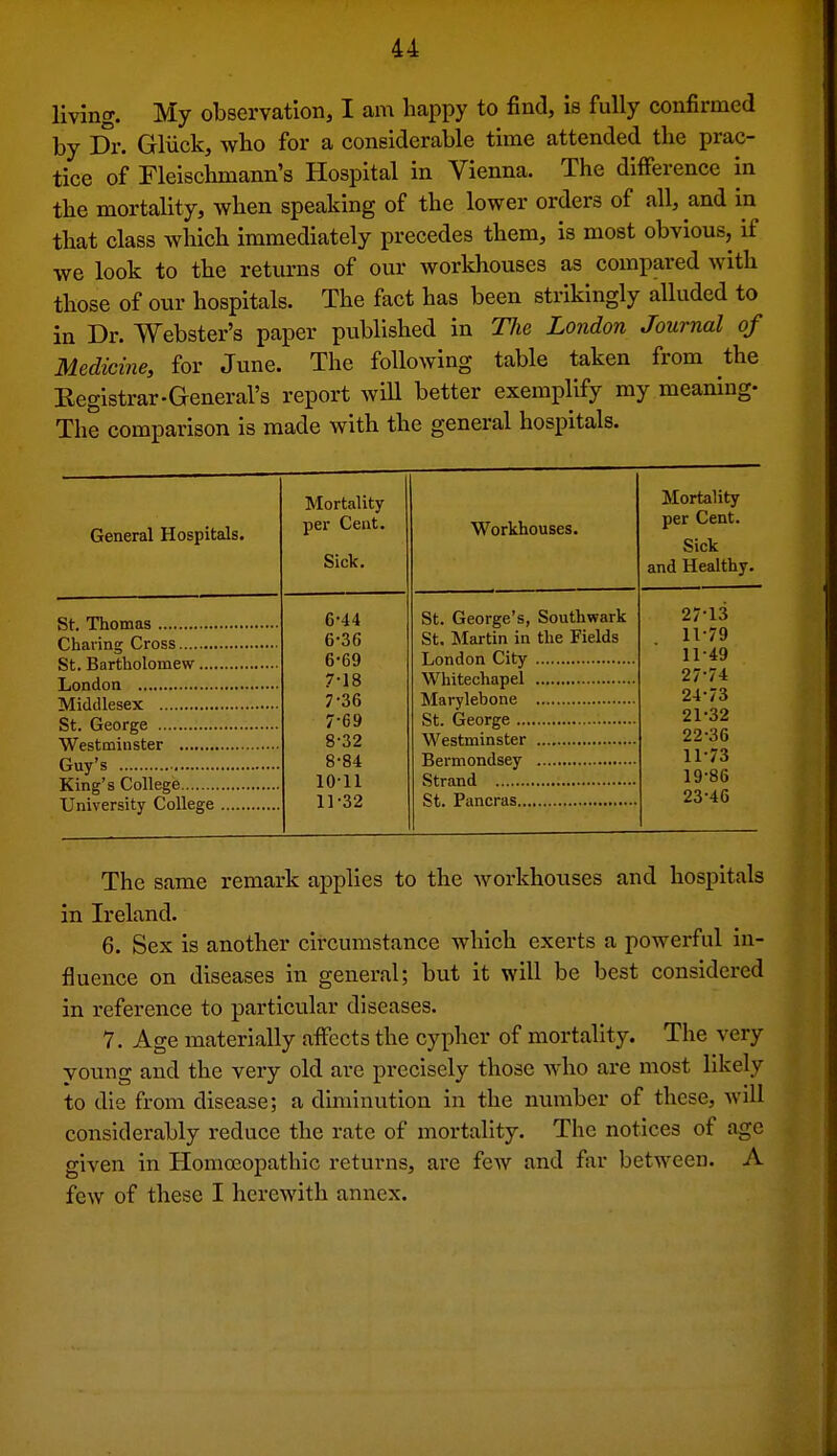living. My observation, I am happy to find, is fully confirmed by Dr. Gliick, who for a considerable time attended the prac- tice of Fleischmann's Hospital in Vienna. The difference in the mortality, when speaking of the lower orders of all, and in that class which immediately precedes them, is most obvious, if we look to the returns of our workhouses as compared with those of our hospitals. The fact has been strikingly alluded to in Dr. Webster's paper published in The London Journal of Medicine, for June. The following table taken from the Eegistrar-General's report will better exemplify my meaning- The comparison is made with the general hospitals. General Hospitals. St Thomas Chaiing Cross , St. Bartholomew London Middlesex St. George Westminster Guy's King's College University College Mortality per Cent. Workhouses. Sick. 6-44 St. George's, Southwark 6-36 St. Martin in the Fields 6-69 7-18 7-36 7-69 8-32 8-84 1011 11-32 Mortality per Cent. Sick and Healthy. 27-13 11-79 11-49 27-74 24-73 21- 32 22- 36 11-73 19-86 23- 46 The same remark applies to the workhouses and hospitals in Ireland. 6. Sex is another circumstance which exerts a powerful in- fluence on diseases in general; but it will be best considered in reference to particular diseases. 7. Age materially affects the cypher of mortality. The very young and the very old are precisely those who are most likely to die from disease; a diminution in the number of these, will considerably reduce the r.ate of mortality. The notices of age given in Homoeopathic returns, are few and far between. A few of these I herewith annex.