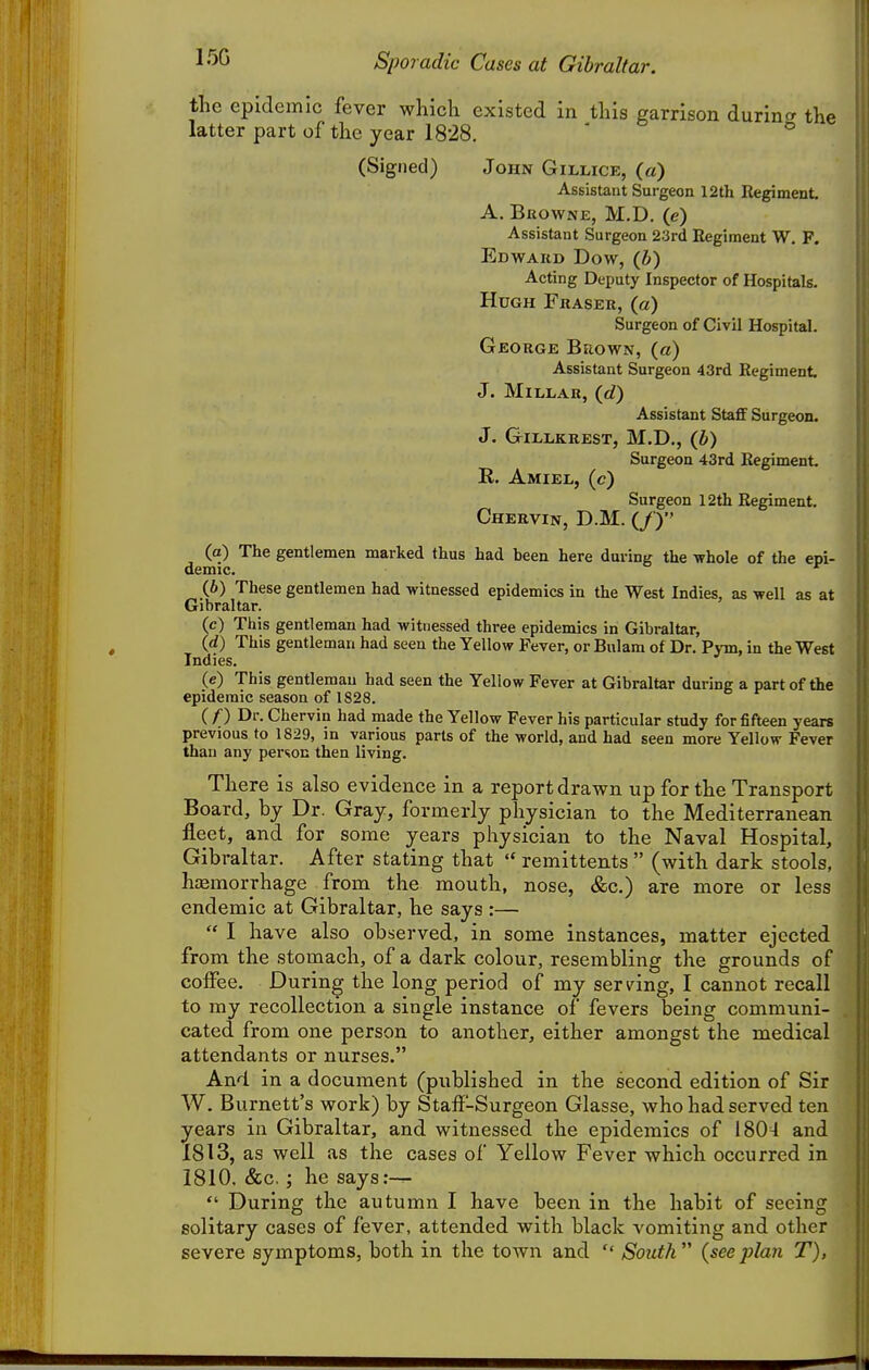 15G Sporadic Cases at Gibraltar. the epidemic fever which existed in this garrison durin^r the latter part of the year 1828. ' ° (Signed) John Gillice, (a) Assistant Surgeon 12th Regiment A. Browne, M.D. (e) Assistant Surgeon 23rd Regiment W. F. Edward Dow, (b) Acting Deputy Inspector of Hospitals. Hugh Eraser, (a) Surgeon of Civil Hospital. George Brown, (a) Assistant Surgeon 43rd Regiment J. Millar, (d) Assistant Staff Surgeon. J. Gillkrest, M.D,, (b) Surgeon 43rd Regiment R. Amiel, (c) Surgeon 12th Regiment. Chervin, D.M. (/') (a) The gentlemen marked thus had been here during the whole of the epi- demic. (6) These gentlemen had witnessed epidemics in the West Indies, as well as at Gibraltar. (c) This gentleman had witnessed three epidemics in Gibraltar, (d) This gentleman had seen the Yellow Fever, or Bulam of Dr. Pym, in the West Indies. (e) This gentleman had seen the Yellow Fever at Gibraltar during a part of the epidemic season of 1828. ( /■) Dr. Chervin had made the Yellow Fever his particular study for fifteen years previous to 1829, in various parts of the world, and had seen more Yellow Fever than any person then living. There is also evidence in a report drawn up for the Transport Board, by Dr. Gray, formerly physician to the Mediterranean fleet, and for some years physician to the Naval Hospital, Gibraltar. After stating that  remittents  (with dark stools, hasmorrhage from the mouth, nose, &c.) are more or less endemic at Gibraltar, he says :—  I have also observed, in some instances, matter ejected from the stomach, of a dark colour, resembling the grounds of coffee. During the long period of my serv^ing, I cannot recall to my recollection a single instance of fevers being communi- cated from one person to another, either amongst the medical attendants or nurses. And in a document (published in the second edition of Sir W. Burnett's work) by Staif-Surgeon Glasse, who had served ten years in Gibraltar, and witnessed the epidemics of 1804 and 1813, as well as the cases of Yellow Fever which occurred in 1810. &c.; he says:—  During the autumn I have been in the habit of seeing solitary cases of fever, attended with black vomiting and other severe symptoms, both in the town and  South (seeplan T), ■■«•