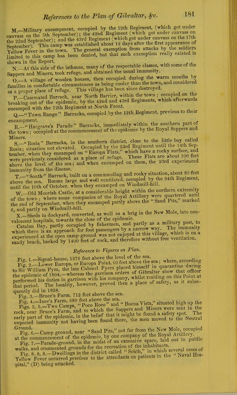 M-Military encampment, occupied by the 12th Regiment, (which got under canvass on the^Sth September); the 42nd Regiment (which got under canvass on ^he' ond September); and the 43rd Regiment (which got under canvass on the 1 / th SntVir) ™ camp was established about 12 days after the first appearance of YeC Fever in the town. The general exemption from attacks by tlie soldiers ■ iTmited to this camp has been denied, but that such exemption really existed is shown in the Report. N -At this side of the isthmus, many of the respectable classes, with some of the Sappers and Miners, took refuge, and obtained the usual immunity. 0 -A village of wooden houses, then occupied during the warm months by familief in comfortable circumstances as being cooler than the town, and considered asTproper place of refuge. This village has been since destroyed. _ P_Casemated Barrack, near North Barrier, within the town ; occupied on the breaking out of the epidemic, by the 42nd and 43rd Regiments, which afterwards encamped with the 12th Regiment at North Front. Q._Town Range Barracks, occupied by the 12th Regiment, previous to their encampment. . „ R-«Hargrave's Parade Barracks, immediately within the southern part of the town? occupied at the commencement of th. epidemic by the Royal Sappers and ^s!!-«Rosia Barracks, in the southern district, close to the little bay called Rosia- situation no7?levated. Occupied by the 23rd Regiment until the 14th Sep- tember when they encamped on  Europa Flats, which have a rocky surface and we p;eTiousIy cLsidereS as a place of refuge These ^lats are abo^^^^^^^^^ above the level of the sea; and when encamped on them, the 23r(l expenencea immunity from the disease. _ u ^ or. * of T — South Barrack, built on a commanding and rocky situation about 80 teet abl^e the sea Rooms I'arge and we41 ventilated, occupied by the 94th Regiment, until the 10th of October, when they encamped on Windmill-HiU. W -Old Moorish Castle, at a considerable height within the northern exh-emity of The town where some companies of the Royal Artillery were quartered unti °he end oT S^pTember, when they encamped partly above the  Sand Pits, marked 6, and partly on Windmill-hill. . , „ i • ♦ ^„ X -Sheds in dockyard, converted, as well as a brig in the New Mole, into con- valescent hospitals, towards the close of the epidemic. Reference to Figures on Plan. 1 '^iirnal-house. 1276 feet above the level of the sea. Fig. ^—S'g^al ^^^^''-^ ^^ Poiut, GO feet above the sea; where, according quently did in 1828. Fig 3 -Bruce's Farm. 712 feet above the sea. ^'•S'^; n.r,.r. m-nnnd near Sand Pits, not far from the New Mole, occupied J^^l-^^^^ZL^eT^^^^^ by one company of the Rojal Anille,^ Fig 7.-Parade-ground, in the midst of an extensive space laid out m puoiic walkl, and ornamented grounds for the '[^'^^fcases of Fig. 8. 8, 8.-Dwelling8 in the district called ' South, m winch seyem case^ Yellow FeVer occurred previous to the attendants on patients in the JNavai iios pital, (D) being attacked.