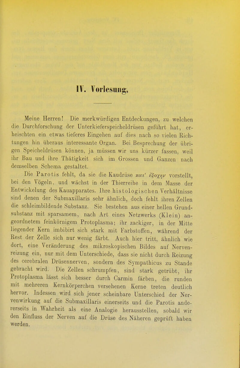 Meine Herren! Die merkwürdigen Entdeckungen, zu welchen die Durchforschung der ünterkieferspeichcldrüsen geführt hat, er- heischten ein etwas tieferes Eingehen auf dies nach so vielen Rich- tungen hin überaus interessante Organ. Bei Besprechung der übri- gen Speicheldrüsen können, ja naüssen wir uns kürzer fassen, weil ihr Bau und ihre Thätigkeit sich ini Grossen und Ganzen nach demselben Schema gestaltet. Die Parotis fehlt, da sie die Kaudrüse xat' s^oxrjp vorstellt, bei den Vögeln, und wächst in der Thierreihe in dem Masse der Entwickelung des Kauapparates. Ihre histologischen Verhältnisse sind denen der Submaxillaris sehr ähnlich, doch fehlt ihren Zeilen die schleimbildende Substanz. Sie bestehen aus einer hellen Grund- substanz mit sparsamem, nach Art eines Netzwerks (Klein) an- geordnetem feinkörnigem Protoplasma; ihr zackiger, in der Mitte liegender Kern imbibirt sich stark mit Farbstoffen, während der Rest der Zelle sich nur wenig färbt. Auch hier tritt, ähnlich wie dort, eine Veränderung des mikroskopischen Bildes auf Nerven- reizung ein, nur mit dem Unterschiede, dass sie nicht durch Reizung des cerebralen Drüsennerven, sondern des Sympathicus zu Stande gebracht wird. Die Zellen schrumpfen, sind stark getrübt, ihr Protoplasma lässt sich besser durch Carmin färben, die runden mit mehreren Kernkörperchen versehenen Kerne treten deutlich hervor. Indessen wird sich jener scheinbare Unterschied der Ner- venwirkung auf die Submaxillaris einerseits und die Parotis ande- rerseits in Wahrheit als eine Analogie herausstellen, sobald wir den Einfluss der Nerven auf die Drüse des Näheren geprüft haben werden.