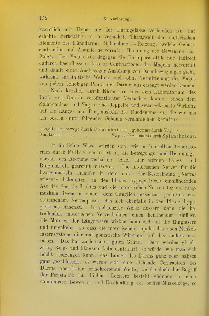 kanntlich mit Hyperämie der Darragefässe verbunden ist, hat erhöhte Peristaltik, d. h. vermehrte Thätigkeit der motorischen Elemente des Dünndarms, Splanchnicus - Reizung, welche Gefäss- contraction und Anämie hervorruft, Hemmung der Bewegung zur Folge. Der Vagus soll dagegen die Darmperistaltik nur indirect dadurch beeinflussen, dass er Contractionen des Magens hervorruft und damit einen Anstoss zur Auslösung von Darmbewegungen giebt, während peristaltische Wellen auch ohne Vermittelung des Vagus von jedem beliebigen Punkt der Därme aus erzeugt werden können. Nach kürzlich durch Ehrmann aus dem Laboratorium des Prof. von Bäsch veröffentlichten Versuchen kommt jedoch dem Splanchnicus und Vagus eine doppelte und zwar gekreuzte Wirkung auf die Längs- und Ringmuskeln des Duodenums zu, die wir uns am besten durch folgendes Schema versinnlichen könnten: Längsfasern bewegt durch Splanchnicus gehemmt durch Vagus. Ringfasern „ „ VagusXgehemmtdurch Splanchnicus. In ähnlicher Weise würden sich, wie in demselben Laborato- rium durch Felln er constatirt ist, die Bewegungs- und Hemmungs- nerven des Rectums verhalten. Auch hier werden Längs- und Ringmuskeln getrennt innervirt. „Die motorischen Nerven für die Längsmuskeln verlaufen in dem unter der Bezeichnung „Nervus erigens« bekannten, in den Plexus hypogastricus einmündenden Ast des Sacralgeflechtes und die motorischen Nerven für die Ring- muskeln liegen in einem dem Ganglion mesenter. posterius ent- stammenden Nervenpaare, das sich ebenfalls in den Plexus hypo- gastricus einsenkt.« In gekreuzter Weise äussern dann die be- treffenden motorischen Nervenbahnen einen hemmenden Einfluss. Die Motoren der Längsfasern wirken hemmend auf die Ringfasern und umgekehrt, so dass die motorischen Impulse des einen Muskel- fasernsystems eine antagonistische Wirkung auf das andere ent- falten. Das hat auch seinen guten Grund. Denn würden gleich- zeitig Ring- und Längsmuskeln contrahirt, so würde, wie man sich leicht überzeugen kann, das Lumen des Darms ganz oder na.^ezu ganz geschlossen, es würde sich eine stehende Gontraction des Darms, aber keine fortschreitende Welle, welche doch der Begriff der Peristaltik ist. bilden. Letztere besteht vielmehr in einer combinirten Bewegung und Erschlaffung der beiden Muskelzüge, so