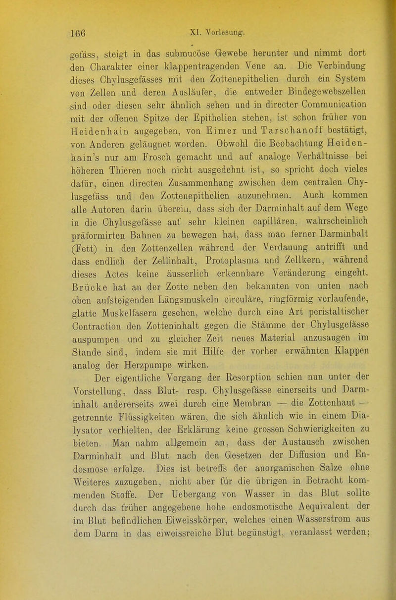 gefäss, steigt in das submucöse Gewebe herunter und nimmt dort den Charakter einer klappentragenden Vene an. Die Verbindung dieses Chylusgefässes mit den Zottenepithelien durch ein System von Zellen und deren Ausläufer, die entweder Bindegewebszellen sind oder diesen sehr ähnlich sehen und in directer Communication mit der offenen Spitze der Epithelien stehen, ist schon früher von Heidenhain angegeben, von Eimer und Tarschanoff bestätigt, von Anderen geläugnet worden. Obwohl die Beobachtung Hei de n- hain's nur am Frosch gemacht und auf analoge Verhältnisse bei höheren Thieren noch nicht ausgedehnt ist, so spricht doch vieles dafür, einen directen Zusammenhang zwischen dem centralen Chy- lusgefäss und den Zottenepithelien anzunehmen. Auch kommen alle Autoren darin übereiu, dass sich der Darminhalt auf dem Wege in die Ohylusgefässe auf sehr kleinen capillären, wahrscheinlich präformirten Bahnen zu bewegen hat, dass man ferner Darminhalt (Fett) in den Zottenzellen während der Verdauung antrifft und dass endlich der Zellinhalt, Protoplasma und Zellkern, während dieses Actes keine äusserlich erlcennbare Veränderung eingeht. Brücke hat an der Zotte neben den bekannten von unten nach oben aufsteigenden Längsmuskeln circuläre, ringförmig verlaufende, glatte Muskelfasern gesehen, welche durch eine Art peristaltischer Contraction den Zotteninhalt gegen die Stämme der Ohylusgefässe auspumpen und zu gleicher Zeit neues Material anzusaugen im Stande sind, indem sie mit Hilfe der vorher erwähnten Klappen analog der Herzpumpe wirken. Der eigentliche Vorgang der Resorption schien nun unter der Vorstellung, dass Blut- resp. Ohylusgefässe einerseits und Darm- inhalt andererseits zwei durch eine Membran — die Zottenhaut — getrennte Flüssigkeiten wären, die sich ähnlich wie in einem Dia- lysator verhielten, der Erklärung keine grossen Schwierigkeiten zu bieten. Man nahm allgemein an, dass der Austausch zwischen Darminhalt und Blut nach den Gesetzen der Diffusion und En- dosmose erfolge. Dies ist betreffs der anorganischen Salze ohne Weiteres zuzugeben, nicht aber für die übrigen in Betracht kom- menden Stoffe. Der Uebergang von Wasser in das Blut sollte durch das früher angegebene hohe endosmotische Aequivalent der im Blut befindlichen Eiweisskörper, welches einen Wasserstrom aus dem Darm in das eiweissreichc Blut begünstigt, veranlasst werden;