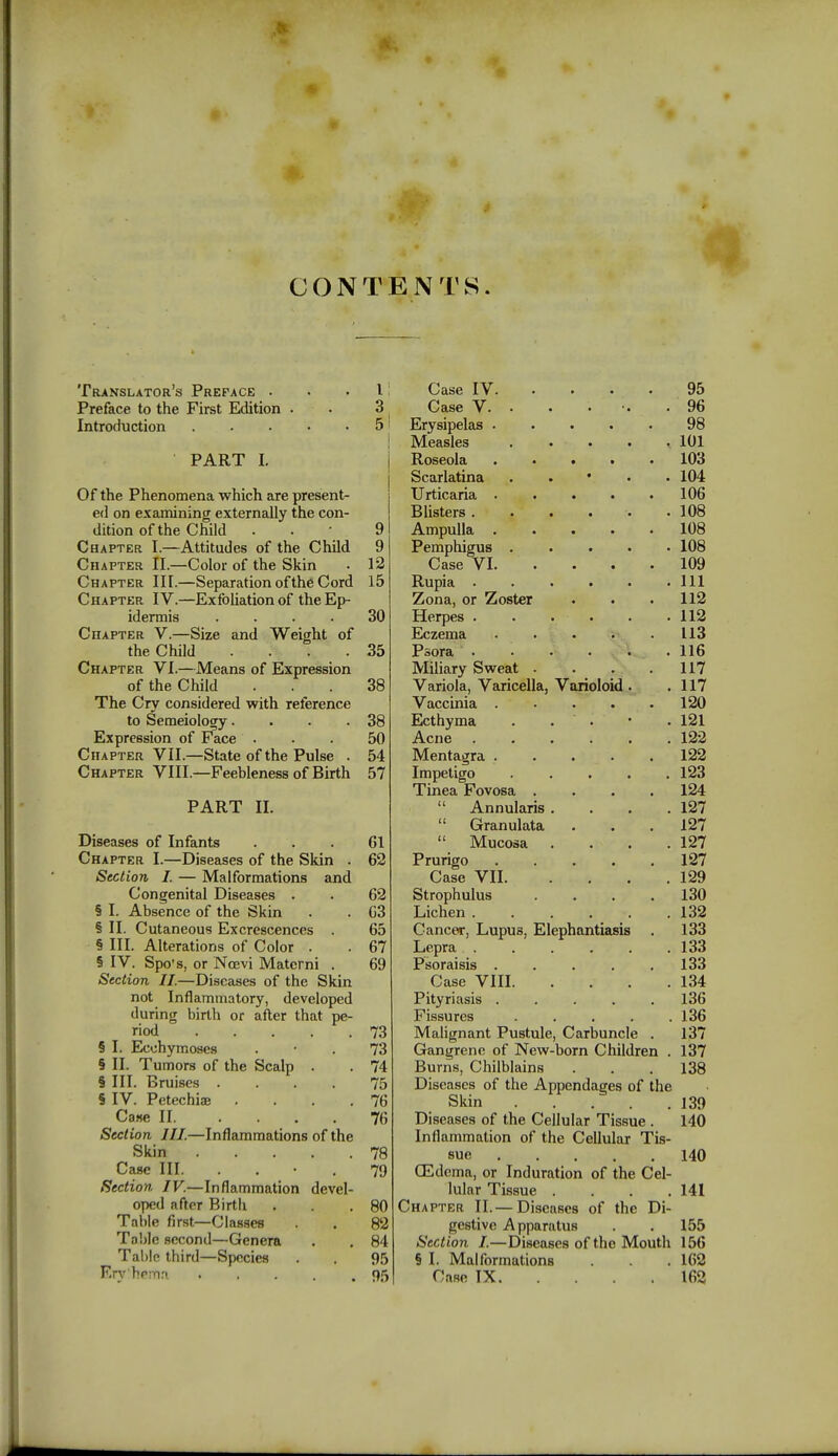 CONT Translator's Preface . • I Preface to the First Edition . . 3 Introduction 51 PART L Of the Phenomena which are present- ed on examining externally the con- dition of the Child . 9 Chapter I.—Attitudes of the Child 9 Chapter II.—Color of the Skin . 12 Chapter III.—Separation of the Cord 15 Chapter IV.—Exfoliation of the Ep- idermis .... 30 Chapter V.—Size and Weight of the Child . . . .35 Chapter VI.—Means of Expression of the Child ... 38 The Cry considered with reference to Semeiology. . . -38 Expression of Face . . . 50 CnAPTER VII.—State of the Pulse . 54 Chapter VIII.—Feebleness of Birth 57 PART II. Diseases of Infants Gl Chapter I.—Diseases of the Skin . 62 Section I. — Malformations and Congenital Diseases . . 62 § I. Absence of the Skin . . G3 § II. Cutaneous Excrescences . 65 § III. Alterations of Color . . 67 § IV. Spo's, or Ncevi Materni . 69 Section II.—Diseases of the Skin not Inflammatory, developed during birth or after that pe- riod 73 § I. Ecehymoses 73 § II. Tumors of the Scalp . . 74 § III. Bruises .... 75 S IV. Petechias . . . .76 Co«e II 76 Section III.—Inflammations of the Skin 78 Case III. 79 Section. IV.—Inflammation devel- oped after Birth . . .80 Table first—Classes . . 82 Table second—Genera . . 84 Tahle third—Species . . 95 F.ry homn 95 NTS. Case IV. 95 Case V. • • • . 96 Erysipelas .... 98 Measles .... . 101 Roseola .... 103 Scarlatina • . 104 Urticaria .... 106 Blisters . 108 Ampulla .... 108 Pemphigus .... • 108 Case VI. • • • 109 Rupia . Ill Zona, or Zoster . 112 Herpes . . . 112 Eczema • . . 113 Psora . . 116 Miliary Sweat . 117 Variola, Varicella, Varioloid . . 117 Vaccinia .... . 120 Ecthyma . . • . 121 Acne . 122 Mentagra .... . 122 Impetigo .... . 123 Tinea Fovosa . . 124  Annularis. . 127  Granulata . 127  Mucosa . . 127 Prurigo .... . 127 Case VII. . 129 Strophulus . 130 Lichen . 132 Cancer, Lupus, Elephantiasis . 133 Lepra . 133 Psoraisis .... . 133 Case VIII. . 134 Pityriasis .... . 136 Fissures .... . 136 Malignant Pustule, Carbuncle . 137 Gangrene of New-born Children . 137 Burns, Chilblains . . .138 Diseases of the Appendages of the Skin 139 Diseases of the Cellular Tissue . 140 Inflammation of the Cellular Tis- sue 140 CEdcma, or Induration of the Cel- lular Tissue . . . .141 hapter II.— Diseases of the Di- gestive Apparatus . . 155 Section I.—Diseases of the Mouth 156 § I. Malformations . .162 Cnso IX 162