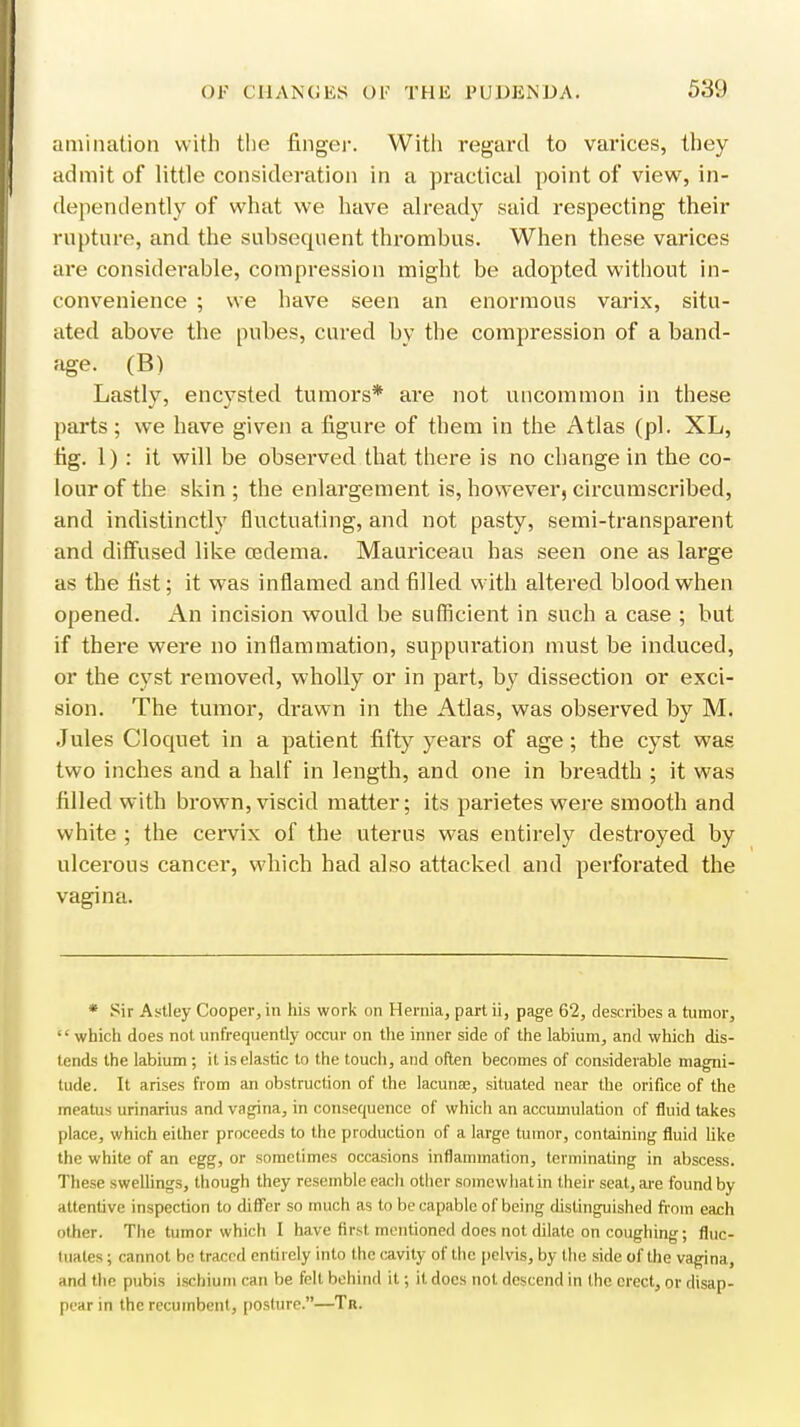 animation with the linger. With regard to varices, they admit of little consideration in a practical point of view, in- dependently of what we have already said respecting their rupture, and the subsequent thrombus. When these varices are considerable, compression might be adopted without in- convenience ; we have seen an enormous varix, situ- ated above the pubes, cured by the compression of a band- age. (B) Lastly, encysted tumors* are not uncommon in these parts; we have given a figure of them in the Atlas (pi. XL, tig. 1) : it will be observed that there is no change in the co- lour of the skin ; the enlargement is, however, circumscribed, and indistinctly fluctuating, and not pasty, semi-transparent and diffused like oedema. Mauriceau has seen one as large as the fist; it was inflamed and filled with altered blood when opened. An incision would be sufficient in such a case ; but if there were no inflammation, suppuration must be induced, or the cyst removed, wholly or in part, by dissection or exci- sion. The tumor, drawn in the Atlas, was observed by M. Jules Cloquet in a patient fifty years of age; the cyst was two inches and a half in length, and one in breadth ; it was filled with brown, viscid matter; its parietes were smooth and white ; the cervix of the uterus was entirely destroyed by ulcerous cancer, which had also attacked and perforated the vagina. * Sir Astley Cooper, in his work on Hernia, part ii, page 62, describes a tumor,  which does not unfrequently occur on the inner side of the labium, and which dis- tends the labium ; it is elastic to the touch, and often becomes of considerable magni- tude. It arises from an obstruction of the lacunae, situated near the orifice of the meatus urinarius and vagina, in consequence of which an accumulation of fluid takes place, which either proceeds to the production of a large tumor, containing fluid like the white of an egg, or sometimes occasions inflammation, terminating in abscess. These swellings, though they resemble each other somewhat in their seat, are found by attentive inspection to differ so much as to be capable of being distinguished from each other. The tumor which I have first mentioned does not dilate on coughing; fluc- tuates ; cannot be traced entirely into the cavity of the pelvis, by the side of the vagina, and the pubis ischium can be felt behind it; it docs not descend in the erect, or disap- pear in the recumbent, posture.—Tr.