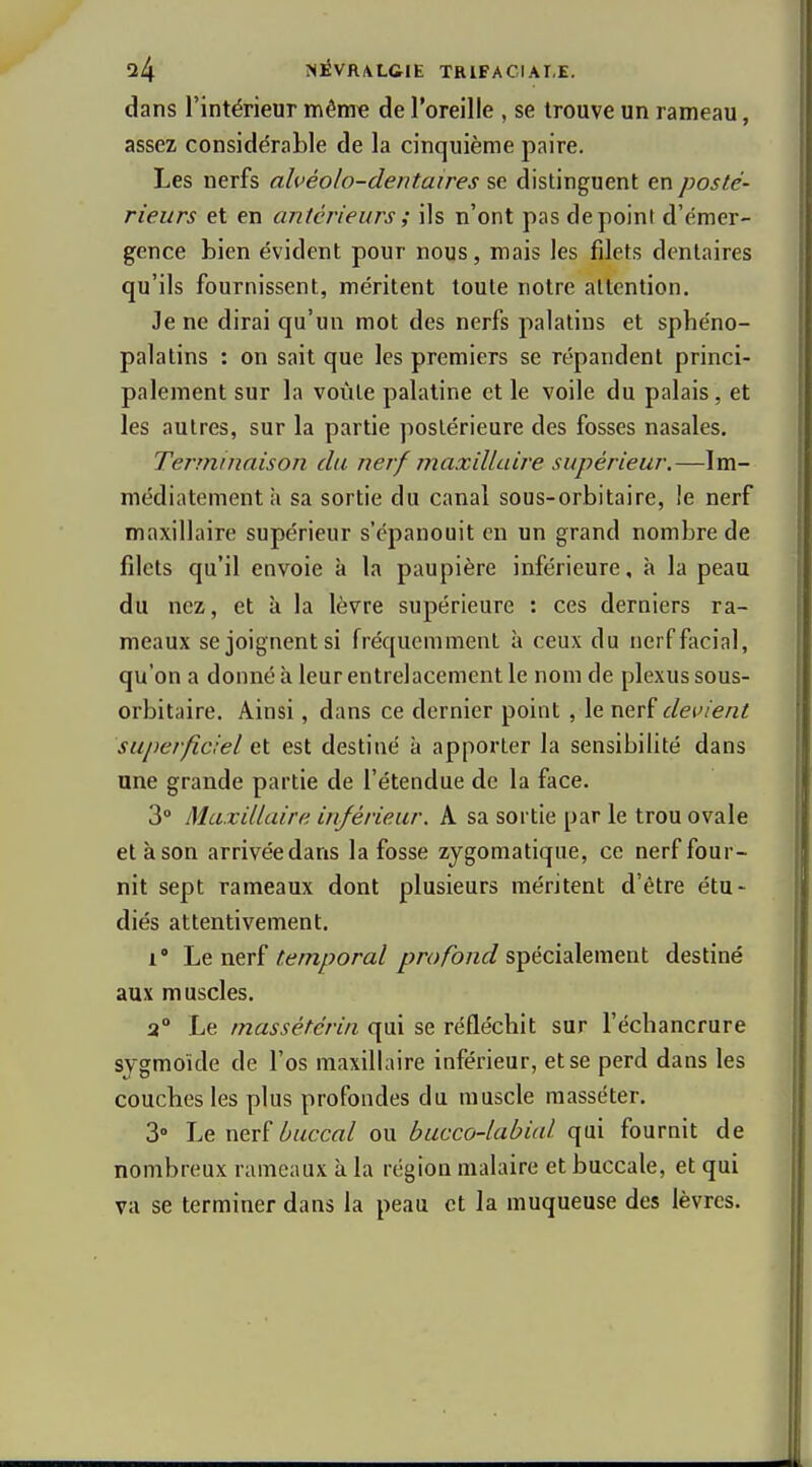 dans l'intérieur même de l'oreille , se trouve un rameau, assez considérable de la cinquième paire. Les nerfs alvéolo-dentaires se distinguent en posté- rieurs et en antérieurs ; ils n'ont pas de point d'émer- gence bien évident pour nous, mais les filets dentaires qu'ils fournissent, méritent toute notre attention. Je ne dirai qu'un mot des nerfs palatins et sphéno- palatins : on sait que les premiers se répandent princi- palement sur la voûte palatine et le voile du palais, et les autres, sur la partie postérieure des fosses nasales. Terminaison du nerf maxillaire supérieur.—Im- médiatement à sa sortie du canal sous-orbitaire, le nerf maxillaire supérieur s'épanouit en un grand nombre de filets qu'il envoie k la paupière inférieure, h la peau du nez, et à la lèvre supérieure : ces derniers ra- meaux se joignent si fréquemment à ceux du nerf facial, qu'on a donné h leur entrelacement le nom de plexus sous- orbitaire. Ainsi, dans ce dernier point , le nerf devient superficiel et est destiné à apporter la sensibilité dans une grande partie de l'étendue de la face. 3° Maxillaire inférieur. A sa sortie par le trou ovale etàson arrivéedans la fosse zygomatique, ce nerf four- nit sept rameaux dont plusieurs méritent d'être étu- diés attentivement. i' ntxï temporal ^jnj/o«t/spécialement destiné aux muscles. a° Le massétérin qui se réfléchit sur l'échancrure sygmoide de l'os maxillaire inférieur, et se perd dans les couches les plus profondes du muscle masséter. 3» Le nerf/^/Mccrt/ ou bucco-labial qui fournit de nombreux rameaux à la région nialaire et buccale, et qui va se terminer dans la peau et la muqueuse des lèvres.