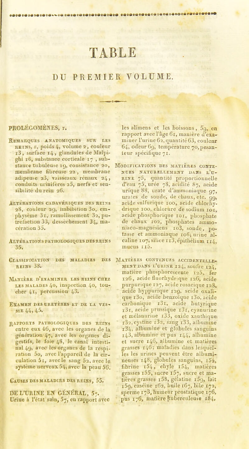 TABLE DU PREMIER VOLUME. PROLÉGOMÈNES, i. Remarques anatomiqtjes sur les REINS, I, poids 4, volume 2, couleur l3, surface iiy, glandules de Malpi- ghi 16, substance corticale 17 , sub- stance tubuleuse ig, consistance 20, membrane fibreuse 22, membrane adipeuse 23, vaisseaux, rénaux 24 > conduits urinifères 25, nerfs et sen- sibilité da rein 26. AtTÉRATrOKS CADAVÉRIQUES DES REIIVS 28, couleur 29, imbibition 3o, em- physème 3l, ramollissement 32, pu- tréfaction 33, dessèchement 34. ma- cération 35. ALTÉRATTOîJS PATHOIO&rQUES DES REINS 35. CtASSlFICATION DES MALADIES DES EEiirs 38. IVLlNlÈRE d'examiner I.ES REINS CHEZ LES MALADES 40, inspection 40, tou- cher 41, percussion 43. Examen des uretères et de la ves- sie 44) 45. J^APPORTS pathologiques DES REINS entre eux 46, avec les organes de la génération 47, avec les organes di- gestifs, le foie 48, le canal intesti- nal 4<), avco les organes de la respi- ration 5o, avec l'appareil de la cir- culation 5i, avecle sang S2. avec le système nerveux 54, avec la peau 56. Causes DES M ALADiRs DES REtKs, 55. DE L'URINE EN GÉNÉRAL, 5;. Urine à l'état sain, 5-j, eu rapport avec les alimens et les boissons, 5ç), en rapport avec l'âge 61, manière d'exa- miner l'urine 62, r[uantité63, couleur 64, odeur 69, température 70,pesan- teur spécifiq^ue 71. Modifications des matières conte- nues NATURELLEMENT DANS l'u- rine 75, quantité pr;)portionnel]e d'eau 75, urée 78, atidilé 87, acide urique 88, urate d'ammoniaque 97, urai.es de soude, de chaux, etc. gg, acide sulfuriquc 100, acide chlorhy- drique 100, chloriire de sodium 101, acide phospliorique ici, phosphate do chaux 102, phosphates ammo- niaco-magnésiens io3, soude, po- tasse et ammoniaque 106; urine al- caline 107, silice ii3,épithélium 1x4, mucus II6. Matières contenues accidentelle- ment dans l'urine 124, soufre 124, matière phosphorescente laû, fer 126, acide fluorhydnque 126, acide purpurique 127, acide rosacique 128, acide hyppurique 129, acide oxali- que i3o, acide benzoïque i3o, acide carbonique i3i, acide butyrique ï3i, acide prussique l3r, cyanurine et mélanuriue i33, oxidc xauthique, i32,cystine i32, sang i33, albumine l34, albumine et globules sanguins 143, albumine et pus 144, albumine et sucre 146, albumine et matières grasses 146: maladies dans lesquel- les les urines peuvent être albumi- ncnscs 148, globules sanguins, iSa, fibrine i54, chyle i54, matières grasses i55, sucre iS], sucre et ma- tières grasses i58, gélatine iSg, lait iSg, caséine 162, huile 1C7, bile 172, sperme 173, humeur prostatique 176, pus 176, matière îtùberculeuso 184,