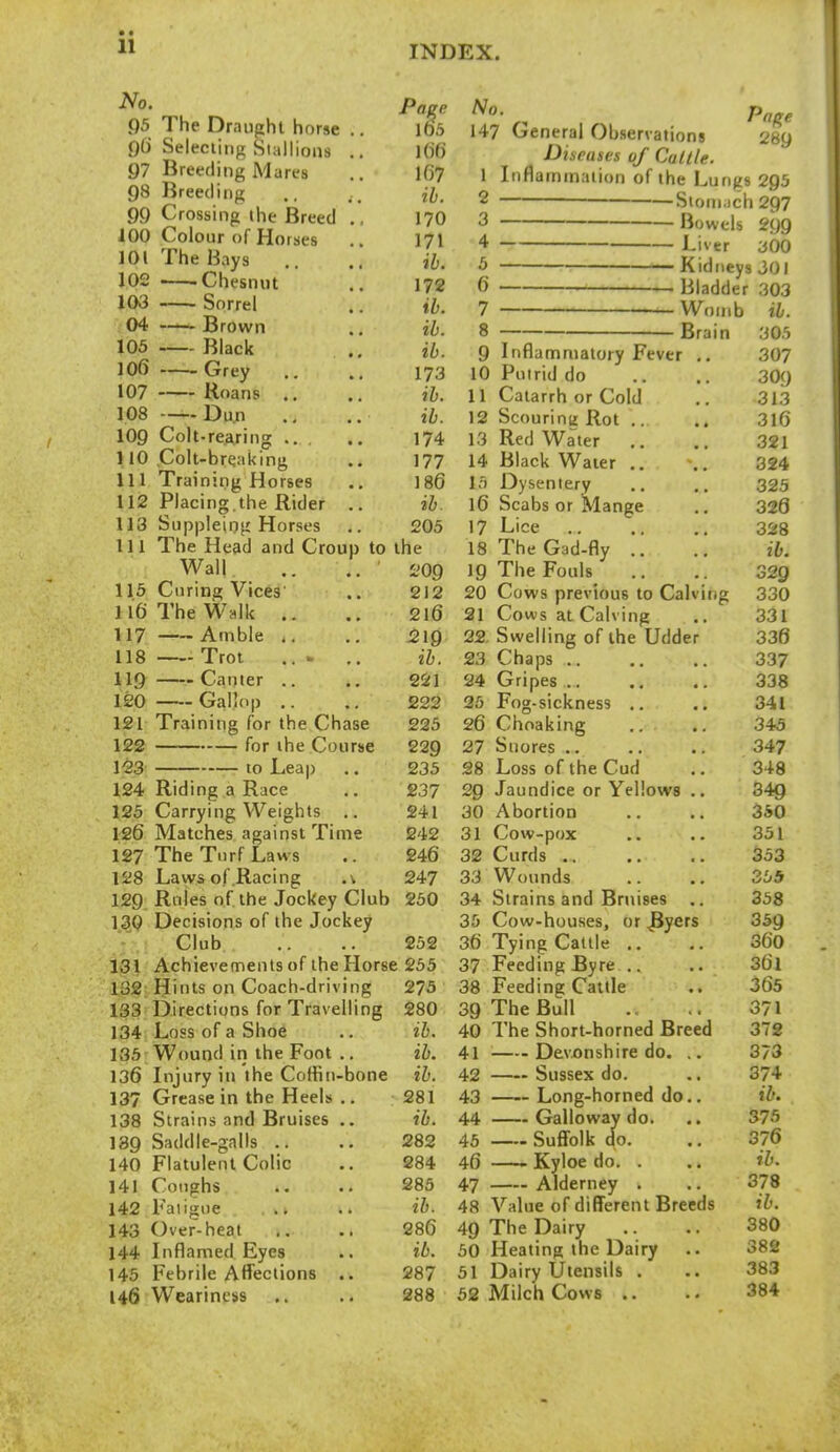105 106 107 108 109 No. Q5 The Draught horse q6 Selecting Stallions 97 Breeding Mares 98 Breeding 99 Crossing the Breed 100 Colour of Horses 101 The Bays .. 102 Chesnut 103 Sorrel 04 Brown Black Grey Roans Dun ., Colt-rearing .. 110 Colt-breaking 111 Training Horses 112 Placing.the Rider 113 Suppleing Horses 111 The Head and Croup Wall Curing Vices The WhHc .. Amble .. Trot —- Canter .. Gallop .. 121 Training for the Chase 122 for the Course 1^3 to Leap 124 Riding a Race 125 Carrying Weights .. 126 Matches against Time 127 The Tnrf Laws 128 Laws of Racing .\ 129 Rules of the Jockey Club 130 Decisions of the Jockey Club 131 Achievements of the Horse 255 132 Hints on Coach-driving 275 133 Directions for Travelling 280 134 Loss of a Shoe .. ib. 185 Wound iri the Foot .. ib. 136 Itijury in the Coffin-bone ib. 137 Grease in the Heels .. 281 138 Strains and Bruises .. ib. 189 Saddle-galls .. 282 140 Flatulent Colic 284 141 Coughs .. .. 285 142 Fatigue ., .. ib. 143 Over-heat .. .. 286 144 Inflamed Eyes .. ib. 145 Febrile Affections .. 287 146 Weariness .. 288 115 116 117 118 119 120 Page l65 166 167 ib. 170 171 ib. 172 ib. ib. ib. 173 ib. ib. 174 177 186 ib. 205 to the 'm 212 2l6 2ig ib. 22! 1 222 225 229 235 237 241 242 246 247 250 252 Pafre 289 2 3 4 5 6 7 No. 147 General Observations Diseases of Callle. 1 Inflammation of the Lungs 295 ■Siom ich 297 - Bowels 299 - Liver 300 • Kidneys 301 ■ Bladder 303 -Womb ih. ■ Brain 305 307 309 313 316 321 324 325 328 328 ib. 329 330 331 330 337 338 341 345 347 348 349 350 351 353 35* 358 359 360 361 365 371 372 373 374 ib. 375 376 ib. 378 ib. 380 382 383 384 9 Inflammatory Fever 10 Putrid do 11 Catarrh or Cold 12 Scourinif Rot .. 13 Red Water .. 14 Black Water .. 15 Dysentery 16 Scabs or Mange 17 Lice 18 The Gad-fly .. 19 The Fouls 20 Cows previous to Calving 31 Cows at Calving 22. Swelling of the Udder 23 Chaps 24 Gripes ,. 25 Fog-sickness .. 26 Choaking 27 Snores .. 28 Loss of the Cud 29 Jaundice or Yellows .. 30 Abortion 31 Cow-pox 32 Curds .. 33 Wounds 34 Strains and Bruises .. 35 Cow-houses, or ^yers 36 Tying Cattle .. 37 Feeding Byre .. 38 Feeding Cattle 39 The Bull 40 The Short-horned Breed 41 Devonshire do, .. 42 Sussex do. 43 Long-horned do., 44 Galloway do. 45 Suffolk do. 46 —- Kyloe do. . 47 Alderney . 48 Value of different Breeds 49 The Dairy 50 Heating the Dairy 51 Dairy Utensils . 52 Milch Cows ..