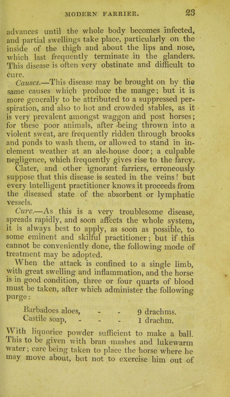 advances until the whole body becomes infected, and partial swellings take place, particularly on the inside of the thigh and about the lips and nose, which last frequently terminate in the glanders. This disease is often very obstinate and difficult to cure. Causes.—This disease may be brought on by the same causes which produce the mange; but it is more generally to be attributed to a suppressed per- spiration, and also to hot and crowded stables, as it is very prevalent amongst waggon and post horses; for these poor animals, after 'being thrown into a violent sweat, are frequently ridden through brooks and ponds to wash them, or allowed to stand in in- clement weather at an ale-house door; a culpable negligence, which frequently gives rise to the farcy. Clater, and other ignorant farriers, erroneously suppose that this disease is seated in the veins ! but every intelHgent practitioner knows it proceeds from the diseased state of the absorbent or lymphatic vessels. Cure.—As this is a very troublesome disease, spreads rapidly, and soon affects the whole system, it is always best to apply, as soon as possible, to some eminent and skilful practitioner; but if this cannot be conveniently done, the following mode of treatment may be adopted. When the attack is confined to a single limb, with great swelling and inflammation, and the horse is in good condition, three or four quarts of blood must be taken, after which administer the following purge: Barbadoes aloes, - . 9 drachms. Castile soap, - - - 1 drachm. With liquorice powder sufficient to make a ball. This to be given with bran mashes and lukewarm water; care being taken to place the horse where he may move about, but not to exercise him out of
