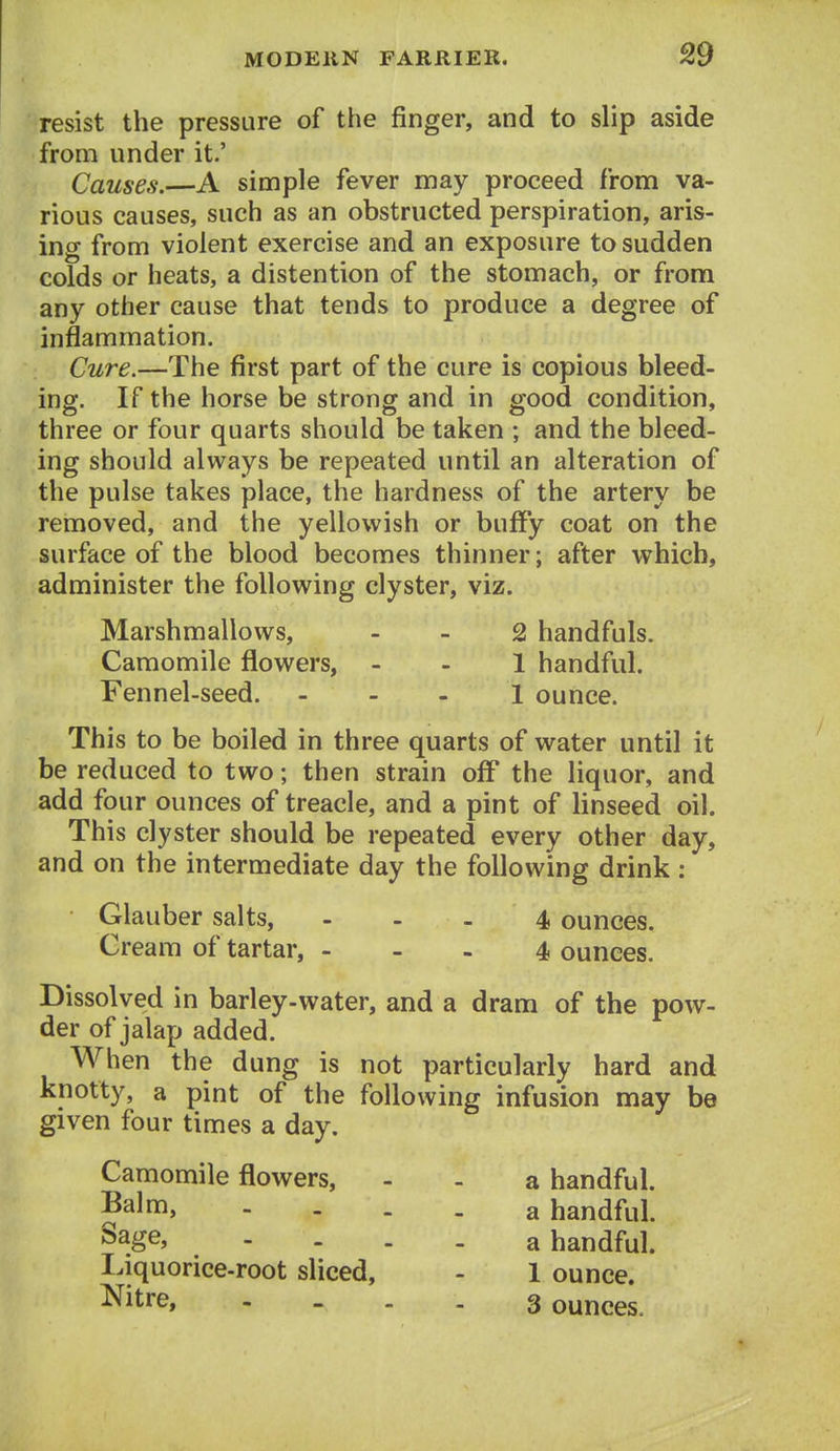 resist the pressure of the finger, and to slip aside from under it.' Causes.—A simple fever may proceed from va- rious causes, such as an obstructed perspiration, aris- ing from violent exercise and an exposure to sudden colds or heats, a distention of the stomach, or from any other cause that tends to produce a degree of inflammation. Cure.—The first part of the cure is copious bleed- ing. If the horse be strong and in good condition, three or four quarts should be taken ; and the bleed- ing should always be repeated until an alteration of the pulse takes place, the hardness of the artery be removed, and the yellowish or buffy coat on the surface of the blood becomes thinner; after which, administer the following clyster, viz. Marshmallows, . _ 2 handfuls. Camomile flowers, - . l handful. Fennel-seed. . - - 1 ounce. This to be boiled in three quarts of water until it be reduced to two; then strain off the liquor, and add four ounces of treacle, and a pint of linseed oil. This clyster should be repeated every other day, and on the intermediate day the following drink : Glauber salts, - . . 4, ounces. Cream of tartar, - - . 4 ounces. Dissolved in barley-water, and a dram of the pow- der of jalap added. When the dung is not particularly hard and knotty, a pint of the following infusion may be given four times a day. a handful, a handful, a handful. 1 ounce. 3 ounces. Camomile flowers. Balm, Sage, Liquorice-root sliced. Nitre,