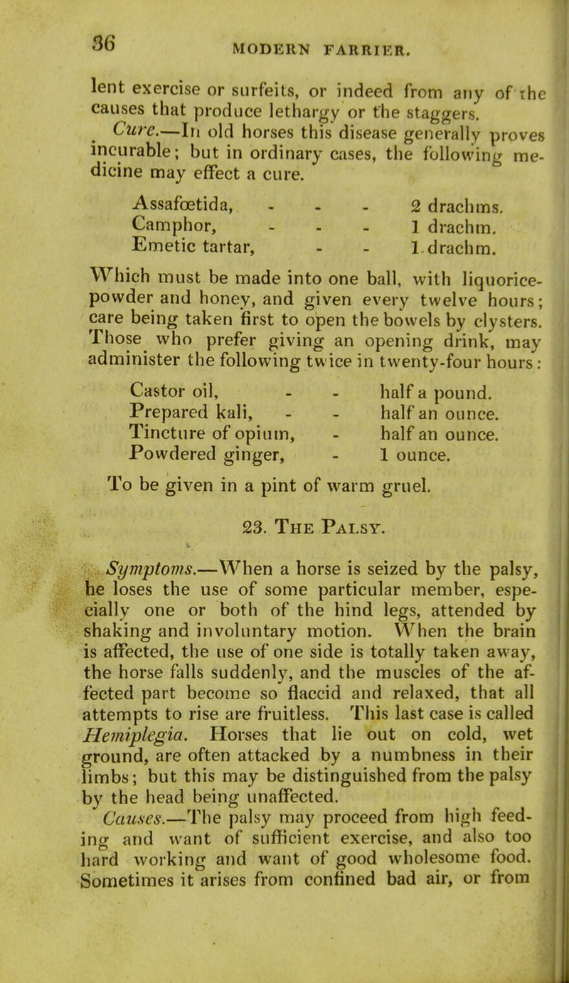 MODERN FARRIER. lent exercise or surfeits, or indeed from any of the causes that produce lethargy or the staggers, Cuie.—In old horses this disease generally proves incurable; but in ordinary cases, the follovving me- dicine may effect a cure. Assafcetida, - - - 2 drachms. Camphor, . . . i drachm. Emetic tartar, - - 1. drachm. Which must be made into one ball, with liquorice- powder and honey, and given every twelve hours; care being taken first to open the bowels by clysters. Those who prefer giving an opening drink, may administer the following twice in twenty-four hours: Castor oil, - - half a pound. Prepared kali, - - half an ounce. Tincture of opium, - half an ounce. Powdered ginger, - 1 ounce. To be given in a pint of warm gruel. 23. The Palsy. Symptoms.—When a horse is seized by the palsy, | he loses the use of some particular member, espe- cially one or both of the hind legs, attended by shaking and involuntary motion. When the brain is affected, the use of one side is totally taken away, ' the horse falls suddenly, and the muscles of the af- i fected part become so flaccid and relaxed, that all attempts to rise are fruitless. This last case is called HeTniplegia. Horses that lie out on cold, wet ground, are often attacked by a numbness in their limbs; but this may be distinguished from the palsy by the head being unaflfected. Causes.—The palsy may proceed from high feed- ing and want of su^^icient exercise, and also too hard working and want of good wholesome food. Sometimes it arises from confined bad air, or from P|| II