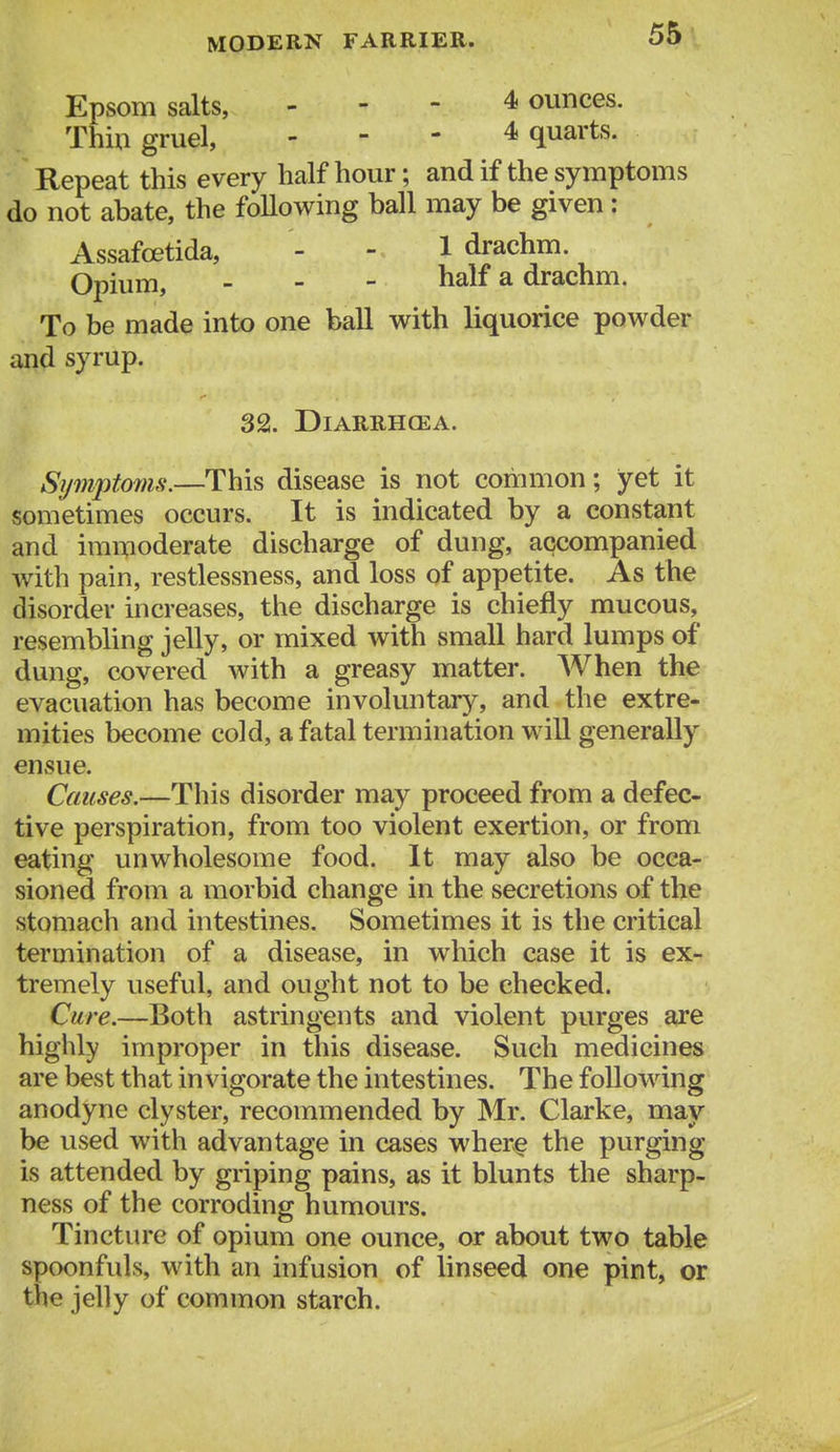 Epsom salts, - - - 4 ounces. Thill gruel, - - - 4 quarts. Repeat this every half hour; and if the symptoms do not abate, the foUowing ball may be given : Assafcetida, - - 1 drachm. Opium, _ half a drachm. To be made into one ball with liquorice powder and syrup. 32. Diarrhoea. Sijmptoms.—This disease is not coinmon; yet it sometimes occurs. It is indicated by a constant and immoderate discharge of dung, accompanied with pain, restlessness, and loss of appetite. As the disorder increases, the discharge is chiefly mucous, resembling jelly, or mixed with small hard lumps of dung, covered with a greasy matter. When the evacuation has become involuntary, and the extre- mities become cold, a fatal termination will generally ensue. Causes.—This disorder may proceed from a defec- tive perspiration, from too violent exertion, or from eating unwholesome food. It may also be occa- sioned from a morbid change in the secretions of the stomach and intestines. Sometimes it is the critical termination of a disease, in which case it is ex- tremely useful, and ought not to be checked. Cure.—Both astringents and violent purges are highly improper in this disease. Such medicines are best that invigorate the intestines. The following anodyne clyster, recommended by Mr. Clarke, may be used with advantage in cases wher§ the purging is attended by griping pains, as it blunts the sharp- ness of the corroding humours. Tincture of opium one ounce, or about two table spoonfuls, with an infusion of linseed one pint, or the jelly of common starch.
