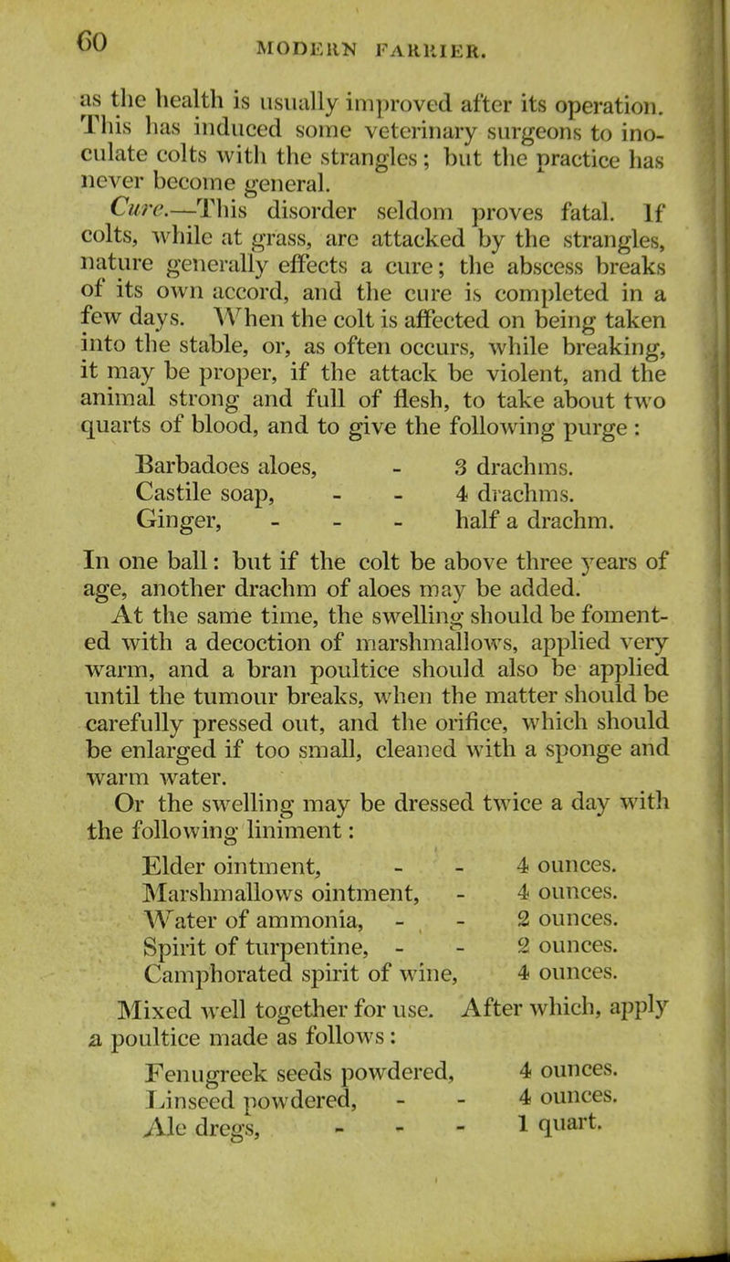 MODERN FARUIER. as the health is usually improved after its operation. This has induced some veterinary surgeons to ino- culate colts with the strangles; but the practice has never become general. Cure.—This disorder seldom proves fatal. If colts, while at grass, are attacked by the strangles, nature generally effects a cure; the abscess breaks of its own accord, and the cure is completed in a few days. the colt is affected on being taken into the stable, or, as often occurs, while breaking, it may be proper, if the attack be violent, and the animal strong and full of flesh, to take about two quarts of blood, and to give the following purge : Barbadoes aloes, - 3 drachms. Castile soap, _ _ 4 drachms. Ginger, _ - _ half a drachm. In one ball: but if the colt be above three j^ears of age, another drachm of aloes may be added. At the same time, the swelling should be foment- ed with a decoction of marshmallows, applied very warm, and a bran poultice should also be applied until the tumour breaks, when the matter should be carefully pressed out, and the orifice, which should be enlarged if too small, cleaned with a sponge and warm water. Or the swelling may be dressed twice a day with the following liniment: Elder ointment, _ _ 4 ounces. Marshmallows ointment, - 4 ounces. A^'^ater of ammonia, - - 2 ounces. Spirit of turpentine, - - 2 ounces. CamjDhorated spirit of wine, 4 ounces. Mixed well together for use. After which, apply a poultice made as follows: Fenugreek seeds powdered, 4 ounces. Unseed powdered, - - 4 ounces. Ale dregs, - - - 1 quart.