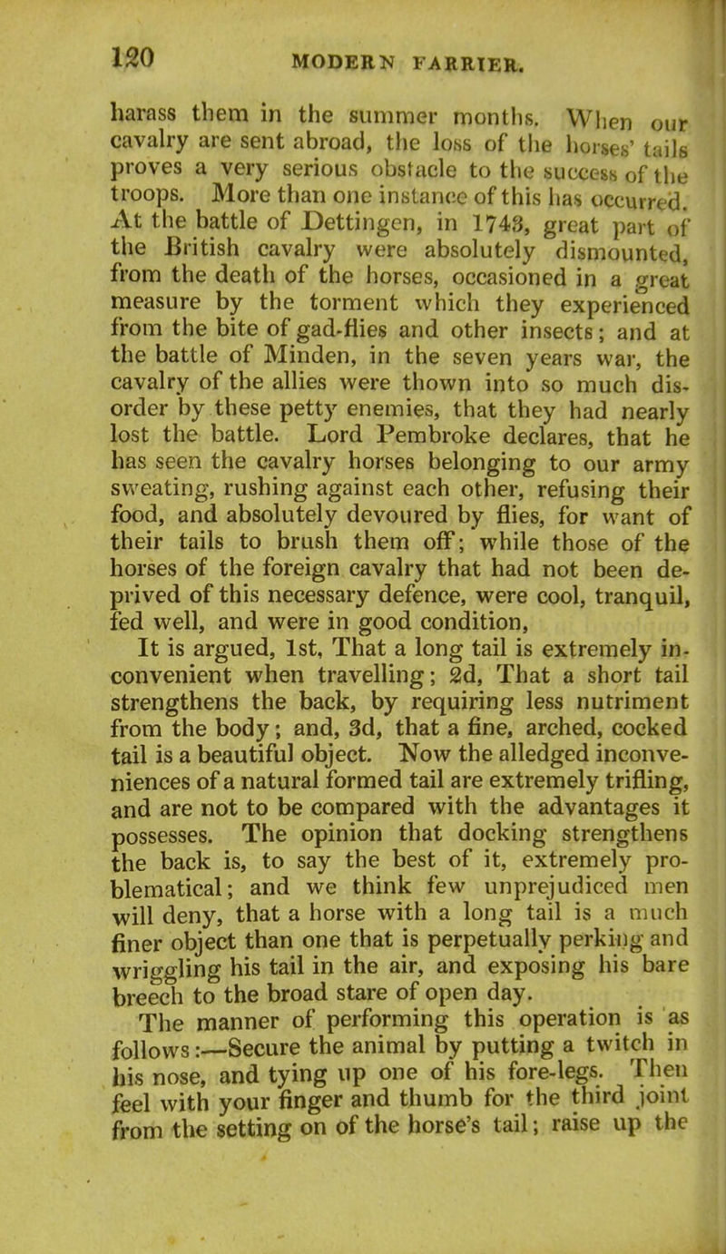 harass them in the summer months. Wlien our cavalry are sent abroad, tlie loss of tlie horses' tails proves a very serious obstacle to the success of Uie troops. More than one instance of this has occurred. At the battle of Dettingcn, in 1743, great part of the British cavalry were absolutely dismounted, from the death of the horses, occasioned in a great measure by the torment which they experienced from the bite of gad-flies and other insects; and at the battle of Minden, in the seven years war, the cavalry of the allies were thown into so much dis- order by these petty enemies, that they had nearly lost the battle. Lord Pembroke declares, that he has seen the cavalry horses belonging to our army sweating, rushing against each other, refusing their food, and absolutely devoured by flies, for want of their tails to brush them off; while those of the horses of the foreign cavalry that had not been de- prived of this necessary defence, were cool, tranquil, fed well, and were in good condition. It is argued, 1st, That a long tail is extremely in- convenient when travelling; 2d, That a short tail strengthens the back, by requiring less nutriment from the body; and, 3d, that a fine, arched, cocked tail is a beautiful object. Now the alledged inconve- niences of a natural formed tail are extremely trifling, and are not to be compared with the advantages it possesses. The opinion that docking strengthens the back is, to say the best of it, extremely pro- blematical; and we think few unprejudiced men will deny, that a horse with a long tail is a much finer object than one that is perpetually perkujg and wriggling his tail in the air, and exposing his bare breech to the broad stare of open day. The manner of performing this operation is as follows:—Secure the animal by putting a twitch in his nose, and tying up one of his fore-legs. Then feel with your finger and thumb for the third joint from the setting on of the horse's tail; raise up the