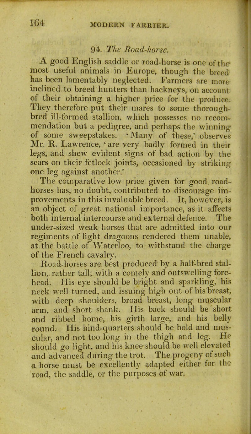 94. T'he Boad-fiorse. A good English saddle or road-horse is one of the most useful animals in Europe, though the breed has been lamentably neglected. Farmers are more inclined to breed hunters than hackneys, on account of their obtaining a higher price for the produce. They therefore put their mares to some thorough- bred ill-formed stallion, which possesses no recom- mendation but a pedigree, and perhaps the winning of some sweepstakes. ' Many of these,' observes Mr. R. Lawrence, ' are very badly formed in their legs, and shew evident signs of bad action by the scars on their fetlock joints, occasioned by striking one leg against another.' The comparative low price given for good road- horses has, no doubt, contributed to discourage im- provements in this invaluable breed. It, however, is an object of great national importance, as it affects both internal intercourse and external defence. The under-sized weak horses that are admitted into our regiments of light dragoons rendered them unable, at the battle of Waterloo, to withstand the charge of the French cavalry. Road-horses are best produced by a half-bred stal- lion, rather tall, with a comely and outswelling fore- head. His eye should be bright and sparkling, his neck well turned, and issuing high out of his breast, with deep shoulders, broad breast, long muscular arm, and short shank. His back should be short and ribbed home, his girth large, and his belly round. His hind-quarters should be bold and mus- cular, and not too long in the thigh and leg. He should go light, and his knee should be well elevated and advanced during the trot. The progeny of such -a horse must be excellently adapted either for the road, the saddle, or the purposes of war.