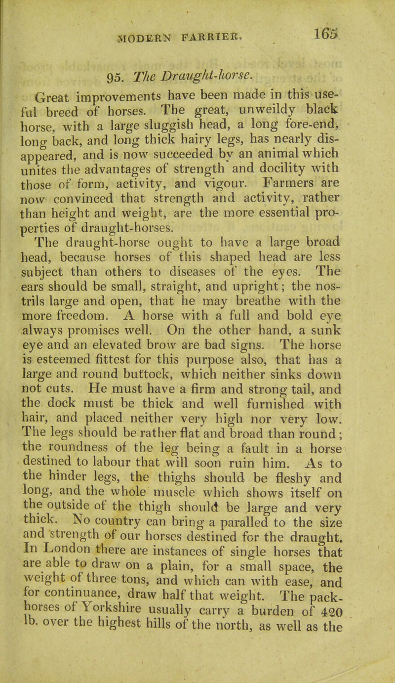 95. The Draught-horse. Great improvements have been made in this use- ful breed of horses. The great, unweildy black horse, with a large sluggish head, a long fore-end, long back, and long thick hairy legs, has nearly dis- appeared, and is now succeeded by an animal which unites the advantages of strength and docility with those of form, activity, and vigour. Farmers are now convinced that strength and activity, rather than height and weight, are the more essential pro- perties of draught-horses. The draught-horse ought to have a large broad head, because horses of this shaped head are less subject than others to diseases of the eyes. The ears should be small, straight, and upright; the nos- trils large and open, that he may breathe with the more freedom. A horse with a full and bold eye always promises well. On the other hand, a sunk eye and an elevated brow are bad signs. The horse is esteemed fittest for this purpose also, that has a large and round buttock, which neither sinks down not cuts. He must have a firm and strong tail, and tlie dock must be thick and well furnished with hair, and placed neither very high nor very low. The legs should be ratlier flat and broad than round; the roundness of the leg being a fault in a horse destined to labour that will soon ruin him. As to the hinder legs, the thighs should be fleshy and long, and the whole muscle which shows itself on the outside of the thigh should be large and very thick. No country can bring a paralled to the size and strength of our horses destined for the draught. In London there are instances of single horses that are able to draw on a plain, for a small space, the weight of three tons, and which can with ease, and for contmuance, draw half that weight. The pack- horses of Yorkshire usually carrv a burden of 420 lb. over the highest hills of the north, as well as the