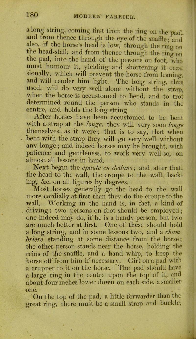 along string, coming lirst from the ring on the md and from thence through the eye of the snaffle; and also, if the horse's liead is low, through the ring on the head-stall, and from thence through the ring on the pad, into the hand of the persons on foot, who must humour it, yielding and shortening it occa- sionally, which will prevent the horse from leaning, and will render him light. The long string, thus used, will do very well alone without the strap, when the horse is accustomed to bend, and to trot determined round the person who stands in the centre, and holds the long string. After horses have been accustomed to be bent with a strap at the huge, they will very soon longe themselves, as it were; that is to say, that when bent with the strap they will go very well without any longe; and indeed horses may be brought, with patience and gentleness, to work very well so, on almost all lessons in hand. Next begin the epaiile en dedans; and after that, the head to the wall, the croupe to the wall, back- ing, &LC. on all figures by degrees. Most horses generally go the head to the wall more cordially at first than they do the croupe to the wall. Working in the hand is, in fact, a kind of driving: two persons on foot should be employed: one indeed may do, if he is a handy person, but two are much better at first. One of these should hold a long string, and in some lessons two, and a cham- hriere standing at some distance from the horse: the other person stands near the horse, holding the reins of the snaffle, and a hand whip, to keep the horse off from him if necessary. Girt on a pad witli a crupper to it on the horse. The pad should have a large ring in the centre upon the top of it, and about four inches lower down on each side, a smaller one. On the top of the pad, a little forwarder than the great ring, there must be a small strap and buckle.