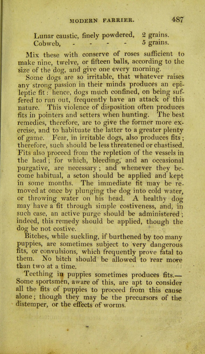 Lunar caustic, finely powdered, 2 grains. Cobweb, - - - - 5 grains. Mix these with conserve of roses sufficient to make nine, twelve, or fifteen balls, according to the size of the dog, and give one every morning. Some dogs are so irritable, that whatever raises any strong passion in their minds produces an epi- leptic fit: hence, dogs much confined, on being suf- fered to run out, frequently have an attack of this nature. This violence of disposition often produces fits in pointers and setters when hunting. The best remedies, therefore, are to give the former more ex- ercise, and to habituate the latter to a greater plenty of game. Fear, in irritable dogs, also produces fits ; therefore, such should be less threatened or chastised. Fits also proceed from the repletion of the vessels in the head; for which, bleeding, and an occasional purgative, are necessary ; and whenever they be- come habitual, a seton should be applied and kept in some months. The immediate fit may be re- moved at once by plunging the dog into cold water, or throwing water on his head. A healthy dog may have a fit through simple costiveness, and, in such case, an active purge should be administered ; indeed, this remedy should be applied, though the dog be not costive. Bitches, while suckling, if burthened by too many uppies, are sometimes subject to very dangerous ts, or convulsions, which frequently prove fatal to them. No bitch should be allowed to rear more than two at a time. Teething iu puppies sometimes produces fits.— Some sportsmen, aware of this, are apt to consider all the fits of puppies to proceed from this cause alone; though they may be the precursors of the distemper, or the effects of worms.