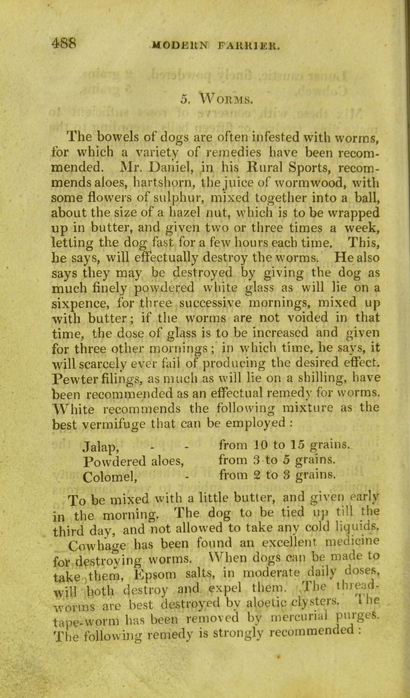 5. Worms. The bowels of dogs are often infested with worms, for which a variety of remedies have been recom- roended. Mr. Daniel, in his Rural Sports, recom- mends aloes, hartshorn, the juice of wormwood, with some flowers of sulphur, mixed together into a ball, about the size of a hazel nut, which is to be wrapped up in butter, and given two or three times a week, letting the dog fast for a few hours each time. This, he says, will effectually destroy the worms. He also says they may be destroyed by giving the dog as much finely powdered white glass as will lie on a sixpence, for three successive mornings, mixed up with butter; if the worms are not voided in that time, the dose of glass is to be increased and given for three other mornings; in which time, he says, it will scarcely ever fail ofproducing the desired effect. Pewter fiUngs, as much as will lie on a shilling, have been recommended as an effectual remedy for worms. White recommends the following mixture as the best vermifuge that can be employed : Jalap, - - from 10 to 15 grains. Powdered aloes, from 3 to 5 grains. Colomel, - from 2 to 3 grains. To be mixed with a little butter, and given early in the morning. The dog to be tied u)) till the third day, and not allowed to take any cold liquids. Cowhage has been found an excellent medicine fot destroying worms. When dogs can be made to t^ike )them, Epsom salts, in moderate daily doses, will both destroy and, expel them. .The tlnfad- worms are best destroyed by aloetic clysters. I he tape-worm has been removed by mercurial purges. The following remedy is strongly recommended :