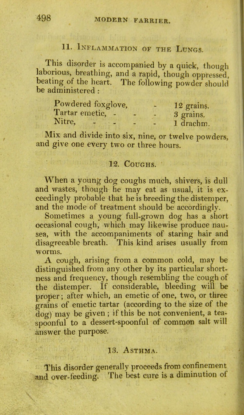 11. Inflammation of the Lungs. This disorder is accompanied by a quick, though laborious, breathing, and a rapid, though oppressed, beating of the heart. The following powder sh ould be administered : Powdered foxglove, - 12 grains. Tartar emetic, - - . 3 grains, ^^itre, .... 1 drachm. Mix and divide into six, nine, or twelve powders, and give one every two or three hours. 12. Coughs. When a young dog coughs much, shivers, is dull and wastes, though he may eat as usual, it is ex- ceedingly probable that he is breeding the distemper, and the mode of treatment should be accordingly. Sometimes a young full-grown dog has a short occasional cough, which may likewise produce nau- sea, with the accompaniments of staring hair and disagreeable breath. This kind arises usually from worms. A cough, arising from a common cold, may be distinguished from any other by its particular short- ness and frequency, though resembling the cough of the distemper. If considerable, bleeding will be proper; after which, an emetic of one, two, or three grains of emetic tartar (according to the size of the dog) may be given ; if this be not convenient, a tea- spoonful to a dessert-spoonful of common salt will answer the purpose. 13. Asthma. This disorder generally proceeds from confinement and over-feeding. The best cure is a diminution of