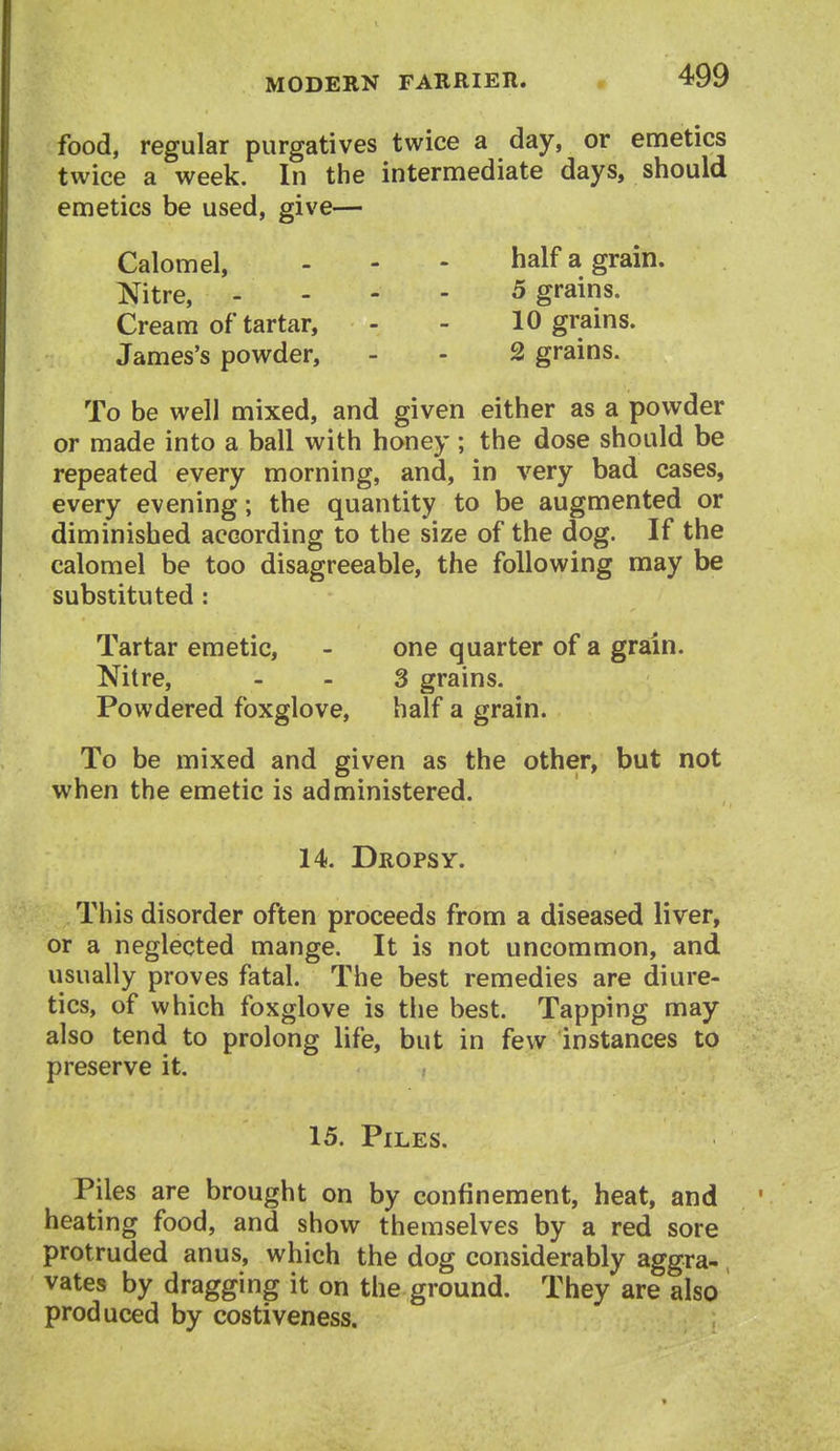 food, regular purgatives twice a day, or emetics twice a week. In the intermediate days, should emetics be used, give— Calomel, - - - half a grain. Nitre, . - - - 5 grains. Cream of tartar, - - 10 grains. James's powder, - - 2 grains. To be well mixed, and given either as a powder or made into a ball with honey ; the dose should be repeated every morning, and, in very bad cases, every evening; the quantity to be augmented or diminished according to the size of the dog. If the calomel be too disagreeable, the following may be substituted : Tartar emetic, - one quarter of a grain. Nitre, - . 3 grains. Powdered foxglove, half a grain. To be mixed and given as the other, but not when the emetic is administered. 14. Dropsy. This disorder often proceeds from a diseased liver, or a neglected mange. It is not uncommon, and usually proves fatal. The best remedies are diure- tics, of which foxglove is the best. Tapping may also tend to prolong life, but in few instances to preserve it. 15. Piles. Piles are brought on by confinement, heat, and heating food, and show themselves by a red sore protruded anus, which the dog considerably aggra- vates by dragging it on the ground. They are also produced by costiveness.