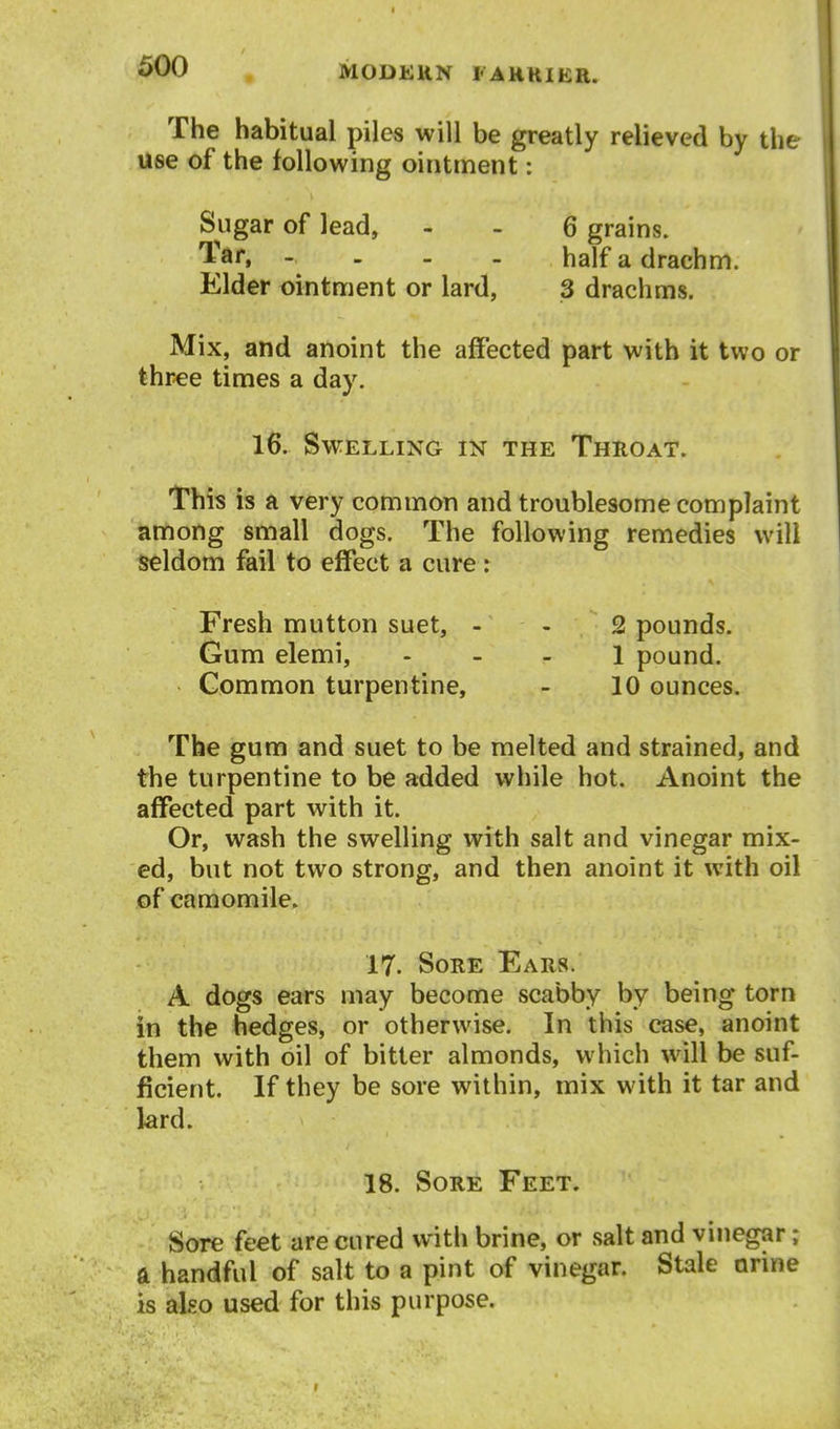 The habitual piles will be greatly relieved by the use of the following ointment: Sugar of lead, - - 6 grains. 'l aff - half a drachm. Elder ointment or lard, 3 drachms. Mix, and anoint the affected part with it two or three times a day. 16. Swelling in the Throat. This is a very common and troublesome complaint among small dogs. The following remedies will seldom fail to effect a cure : Fresh mutton suet, - - 2 pounds. Gum elemi, . - _ i pound. Common turpentine, - 10 ounces. The gum and suet to be melted and strained, and the turpentine to be added while hot. Anoint the affected part with it. Or, wash the swelling with salt and vinegar mix- ed, but not two strong, and then anoint it with oil of camomile. 17. Sore Ears. A dogs ears may become scabby by being torn in the hedges, or otherwise. In this case, anoint them with oil of bitter almonds, which will be suf- ficient. If they be sore within, mix with it tar and krd. 18. Sore Feet. Sore feet are cured with brine, or salt and vinegar; ft handful of salt to a pint of vinegar. Stale orine is also used for this purpose.