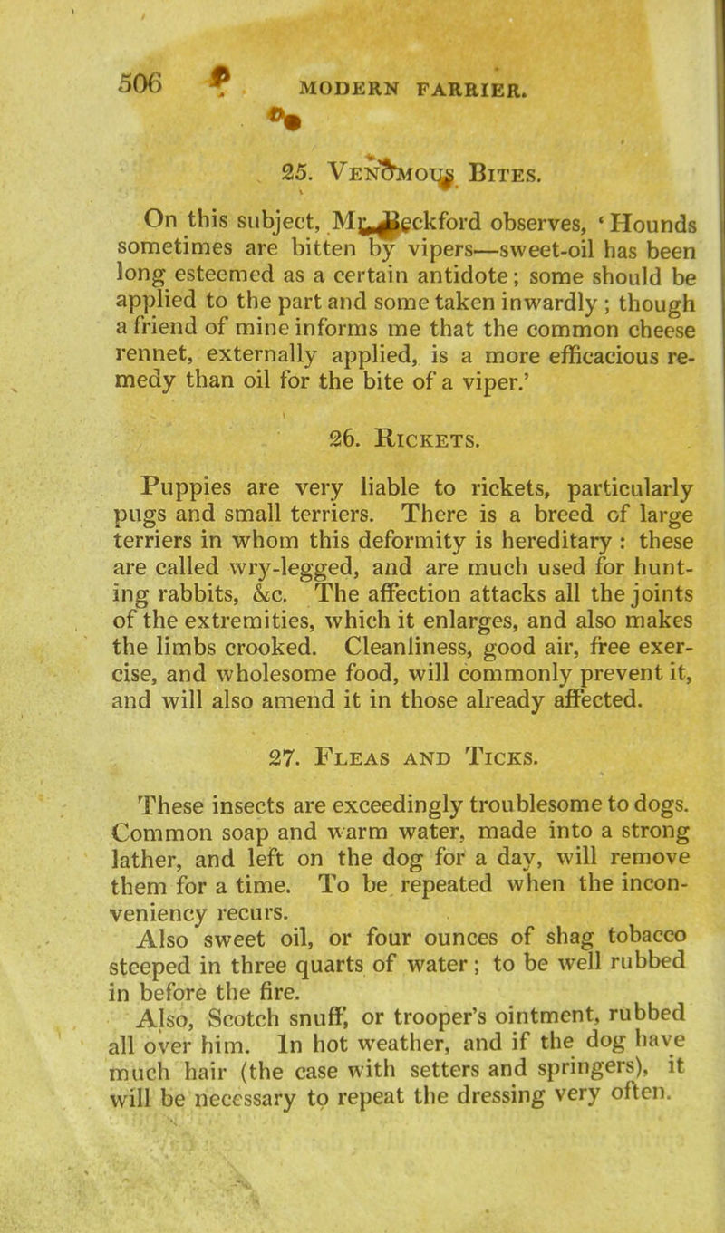 25. Ven^oi^ Bites. On this subject, Mj^gckford observes, * Hounds sometimes are bitten by vipers—sweet-oil has been long esteemed as a certain antidote; some should be applied to the part and some taken inwardly ; though a friend of mine informs me that the common cheese rennet, externally applied, is a more efficacious re- medy than oil for the bite of a viper.' 26. Rickets. Puppies are very liable to rickets, particularly pugs and small terriers. There is a breed of large terriers in whom this deformity is hereditary : these are called wr5'^-legged, and are much used for hunt- ing rabbits, &c. The affection attacks all the joints of the extremities, which it enlarges, and also makes the limbs crooked. Cleanliness, good air, free exer- cise, and wholesome food, will commonly prevent it, and will also amend it in those already affected. 27. Fleas and Ticks. These insects are exceedingly troublesome to dogs. Common soap and warm water, made into a strong lather, and left on the dog for a day, will remove them for a time. To be repeated when the incon- veniency recurs. Also sweet oil, or four ounces of shag tobacco steeped in three quarts of water; to be w^ell rubbed in before the fire. Also, Scotch snuff, or trooper's ointment, rubbed all over him. In hot weather, and if the dog have much hair (the case with setters and springers), it will be necessary to repeat the dressing very often.