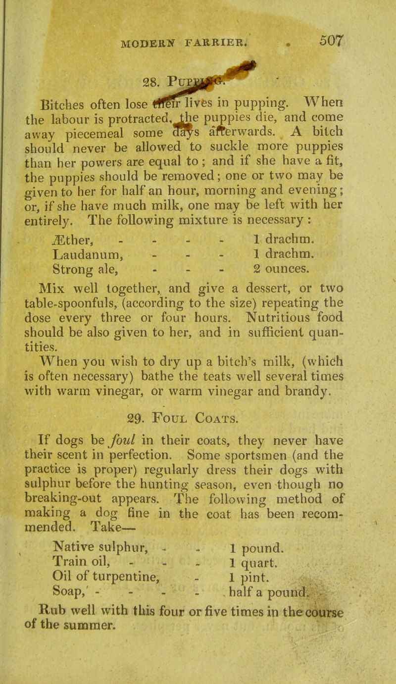 28. PujJliP^^ Bitches often lose «!fSrlives in pupping. When the labour is protracted, ihe puppies die, and come away piecemeal some oays afterwards. A bitch should never be allowed to suckle more puppies than her powers are equal to; and if she have a fit, the puppies should be removed; one or two may be given to her for half an hour, morning and evening; or, if she have much milk, one may be left with her entirely. The following mixture is necessary : Mther, - 1 drachm. Laudanum, 1 drachm. Strong ale, . . - 2 ounces. Mix well together, and give a dessert, or two table-spoonfuls, (according to the size) repeating the dose every three or four hours. Nutritious food should be also given to her, and in sufficient quan- tities. When you wish to dry up a bitch's milk, (which is often necessary) bathe the teats well several times with warm vinegar, or warm vinegar and brandy. 29. Foul Coats. If dogs he foul in their coats, they never have their scent in perfection. Some sportsmen (and the practice is proper) regularly dress their dogs with sulphur before the hunting season, even though no breaking-out appears. The following method of making a dog fine in the coat has been recom- mended. Take— Native sulphur, - - 1 pound. Train oil, - - - 1 quart. Oil of turpentine, - 1 pint. Soap, - half a pound; ' Rub well with this four or five times in the course of the summer.